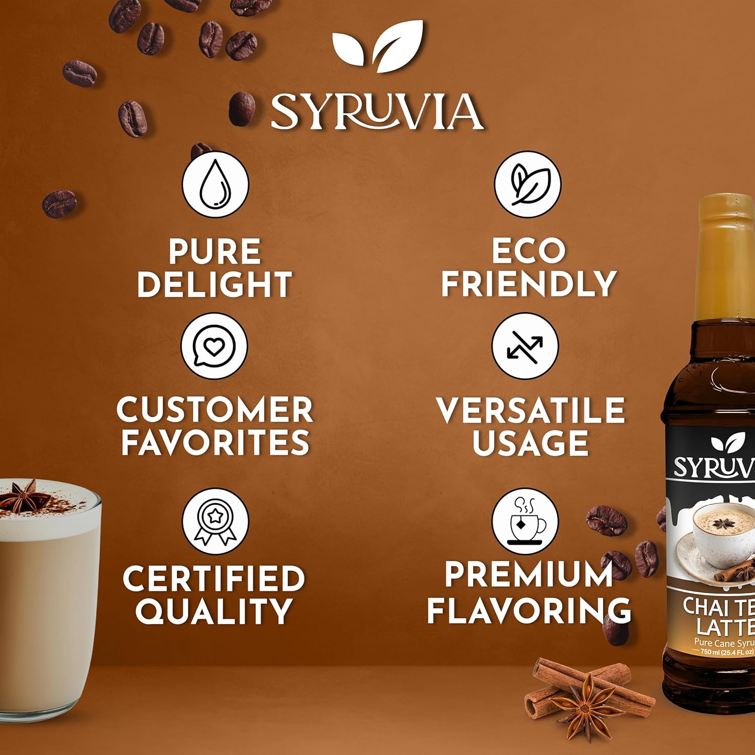 Chai Tea Syrup by Syruvia 6-Pack, 25.4 fl oz, Wholesale Coffee Syrup Shops, Cafes, Baristas, Bistros, & Beverage Bars, Bulk Kosher & Gluten-Free