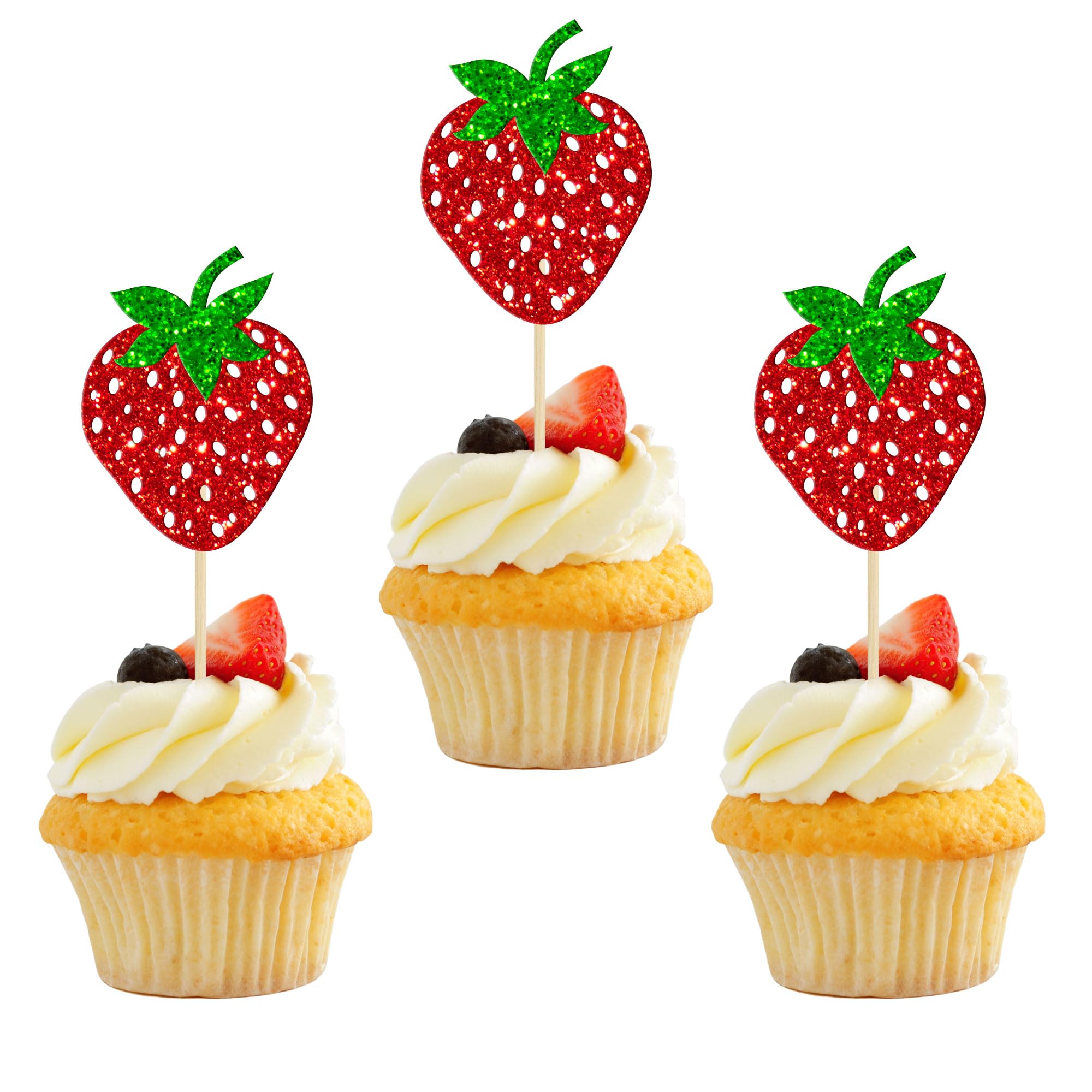 24 Pack Strawberry Cupcake Toppers Glitter Birthday Strawberry Cupcake Picks for Fruit Baby Shower Kids Birthday Summer Berry Cupcake Decorations Party Supplies Red