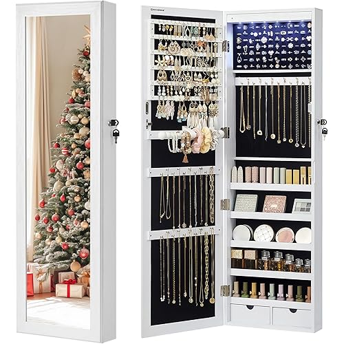 SONGMICS 6 LEDs Mirror Jewelry Cabinet, 47.2-Inch Tall Lockable Wall or Door Mounted Jewelry Armoire Organizer with Mirror, 2 Drawers, Christmas Gift, 3.9 x 14.6 x 47.2 Inches, White