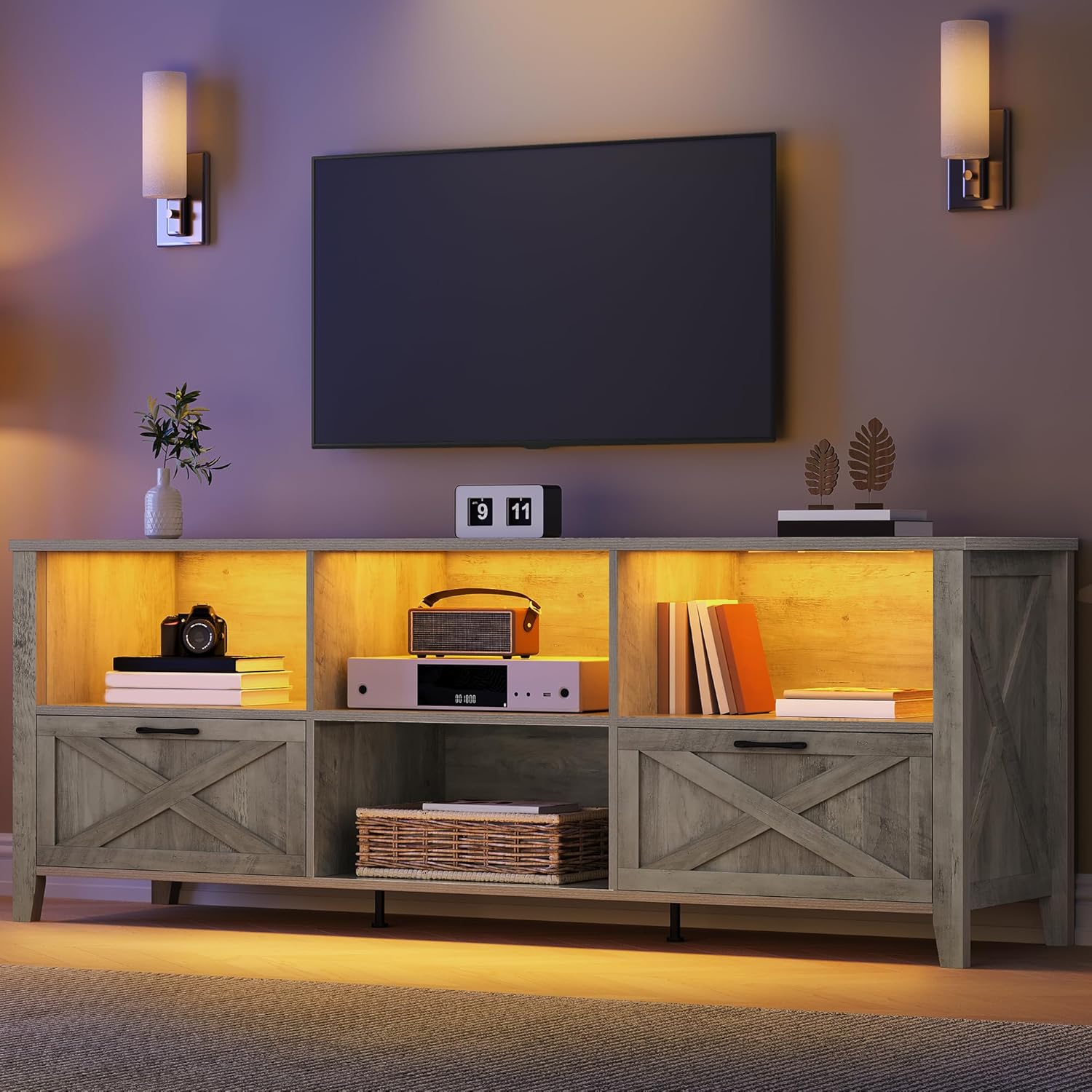 YITAHOME 70 Inch Farmhouse TV Stand with LED Lighting, Fits TVs up to 80 Inches, Media Console with Storage and Customizable Divider, Entertainment Center for Living Room (Grey) Grey Oak