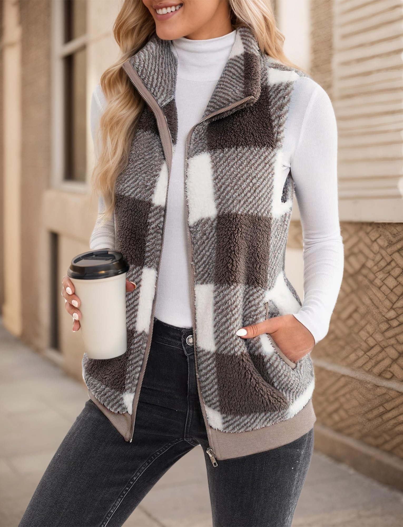 Maeau - Gilet à Carreaux Femme Polaire Sans Manches Manteaux Polaire Zippé Veste en Peluche Chaud Léger Gilet Slim Décontractée Automne Hiver avec Poche - Kaki - XL