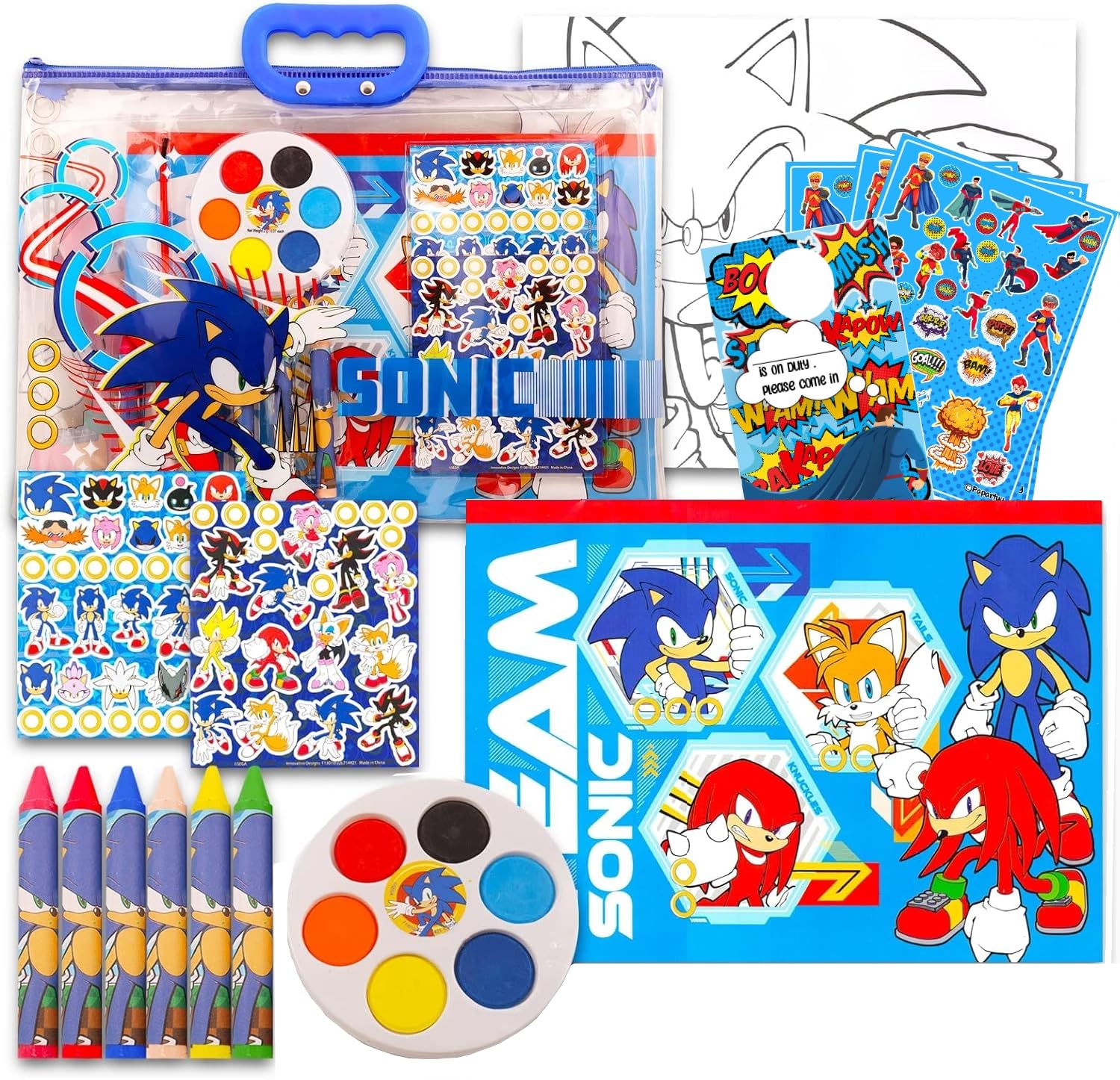 Papartyy Drawing and Painting Set for Boys Bundle with Sonic The Hedgehog Coloring Book, Coloring Utensils, Watercolor Paints, Stickers, and Door