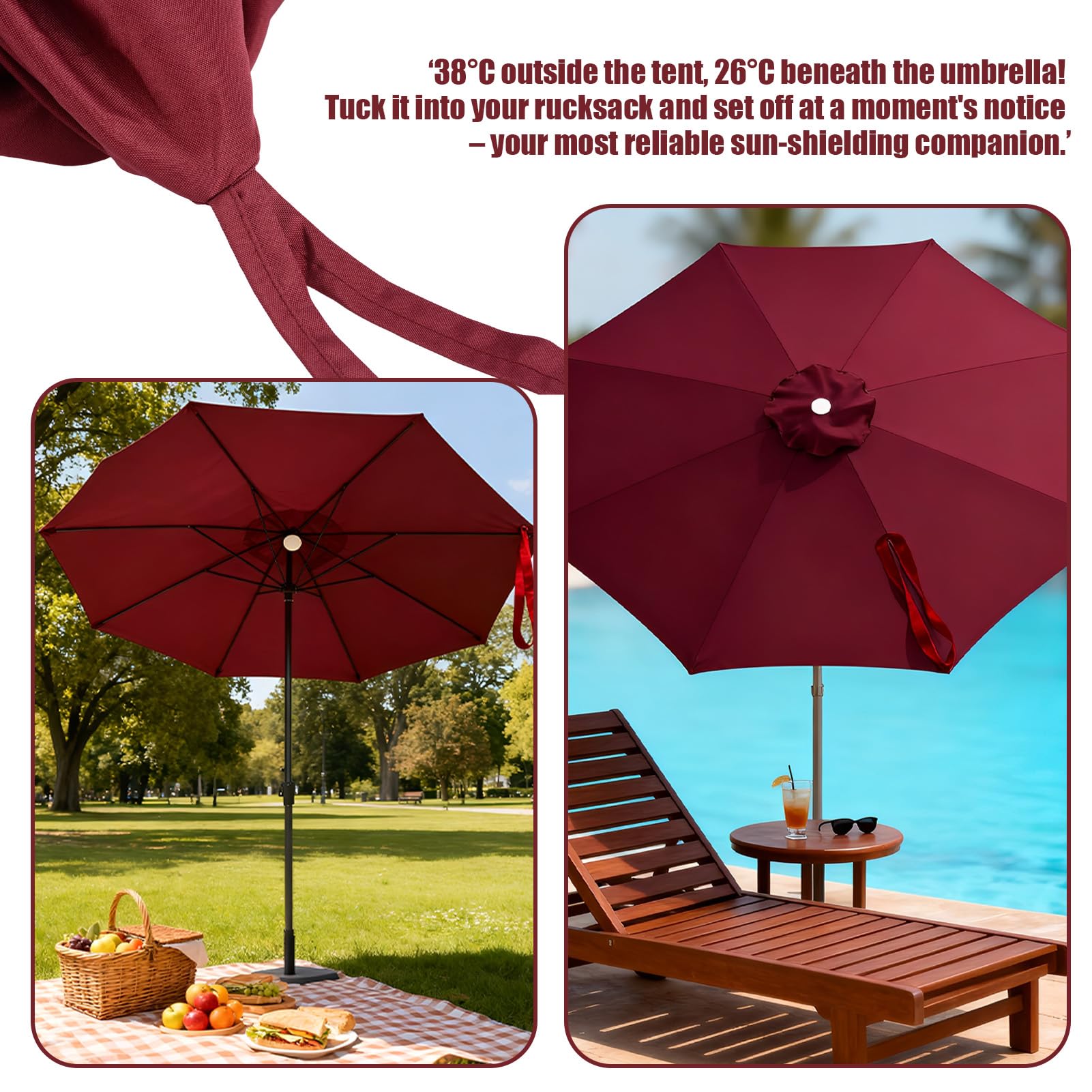 Ombrellone da esterno di ricambio per 8 ombrelloni a costine, protezione UV, 3 m, ricambio per ombrelloni da giardino, piscina, patio, colore rosso vino