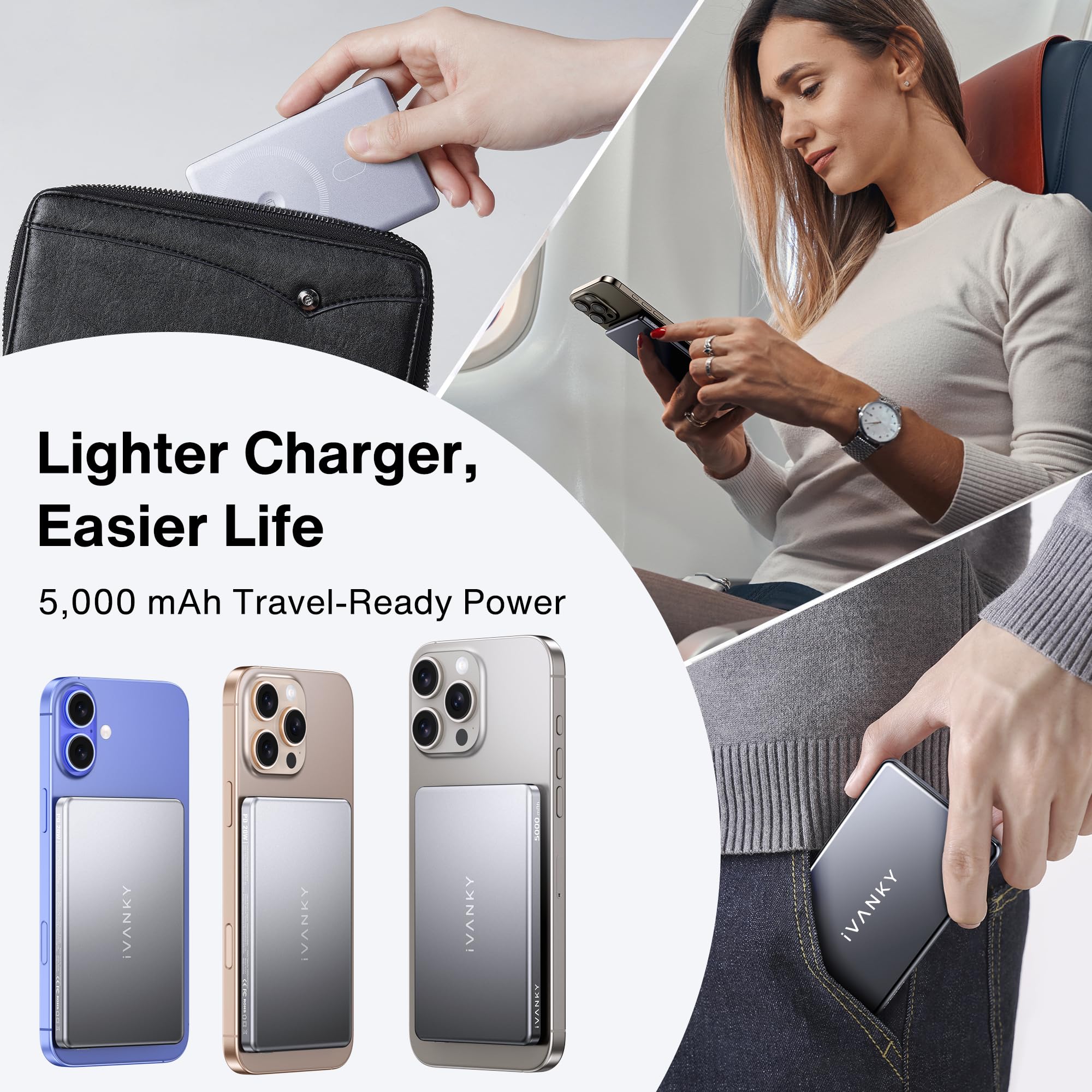 iVANKY 0.76 cm Powerbank Magsafe per iPhone 17, Slim 5000mAh Magnetico Portatile Power Bank, 20W Fast Charging Battery Pack Wireless Caricatore per 16/15/14/13/12 Pro Max, Airpods Pro 3, USBC Cable*1