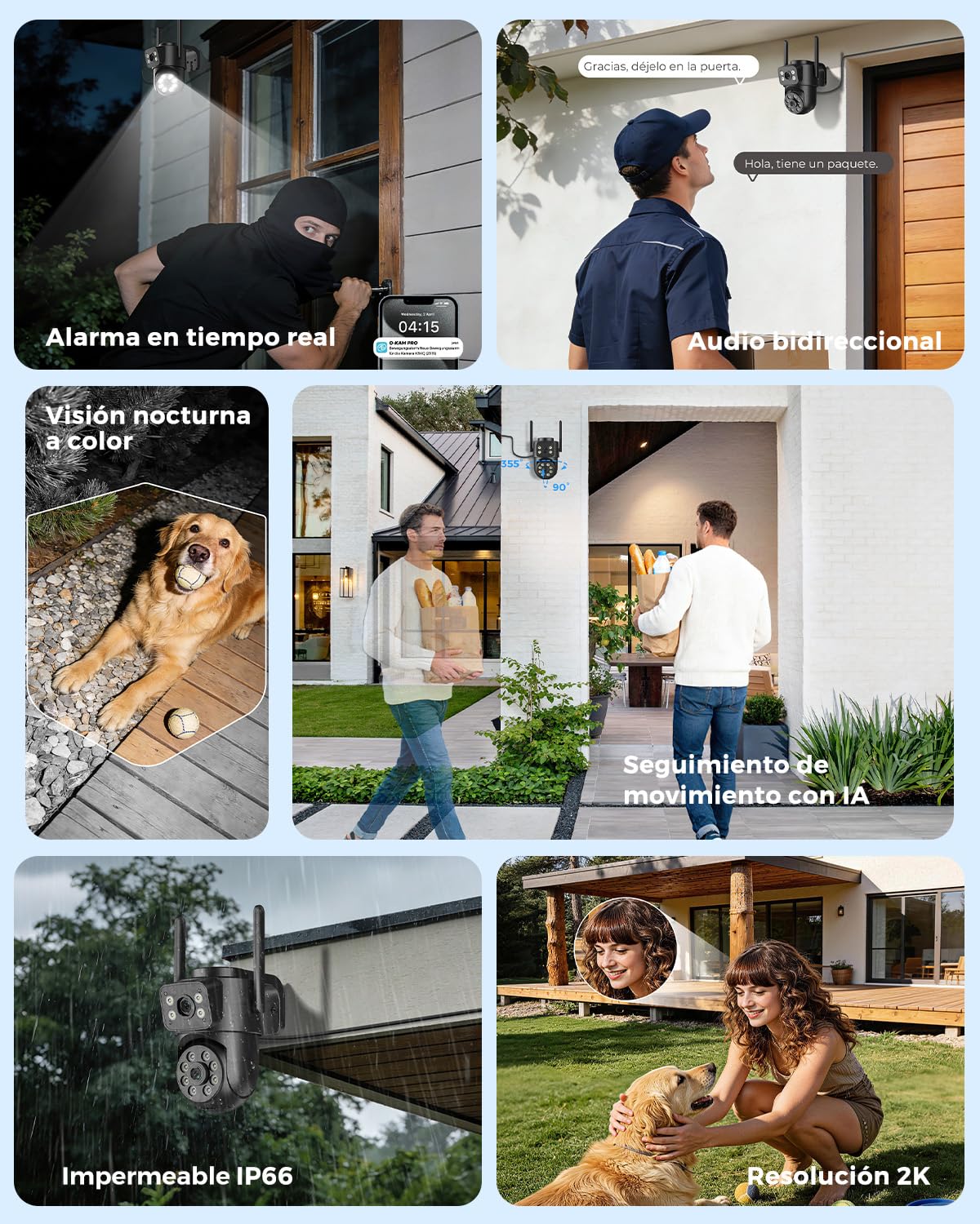 Reobiux 2K Camara Vigilancia WiFi Exterior con Doble Lente, 2,4G/5Ghz Cámaras Vigilancia Domicilio con Visión Nocturna Color, Seguimiento Automático, Audio Bidireccional, Grabación Continua 24/7