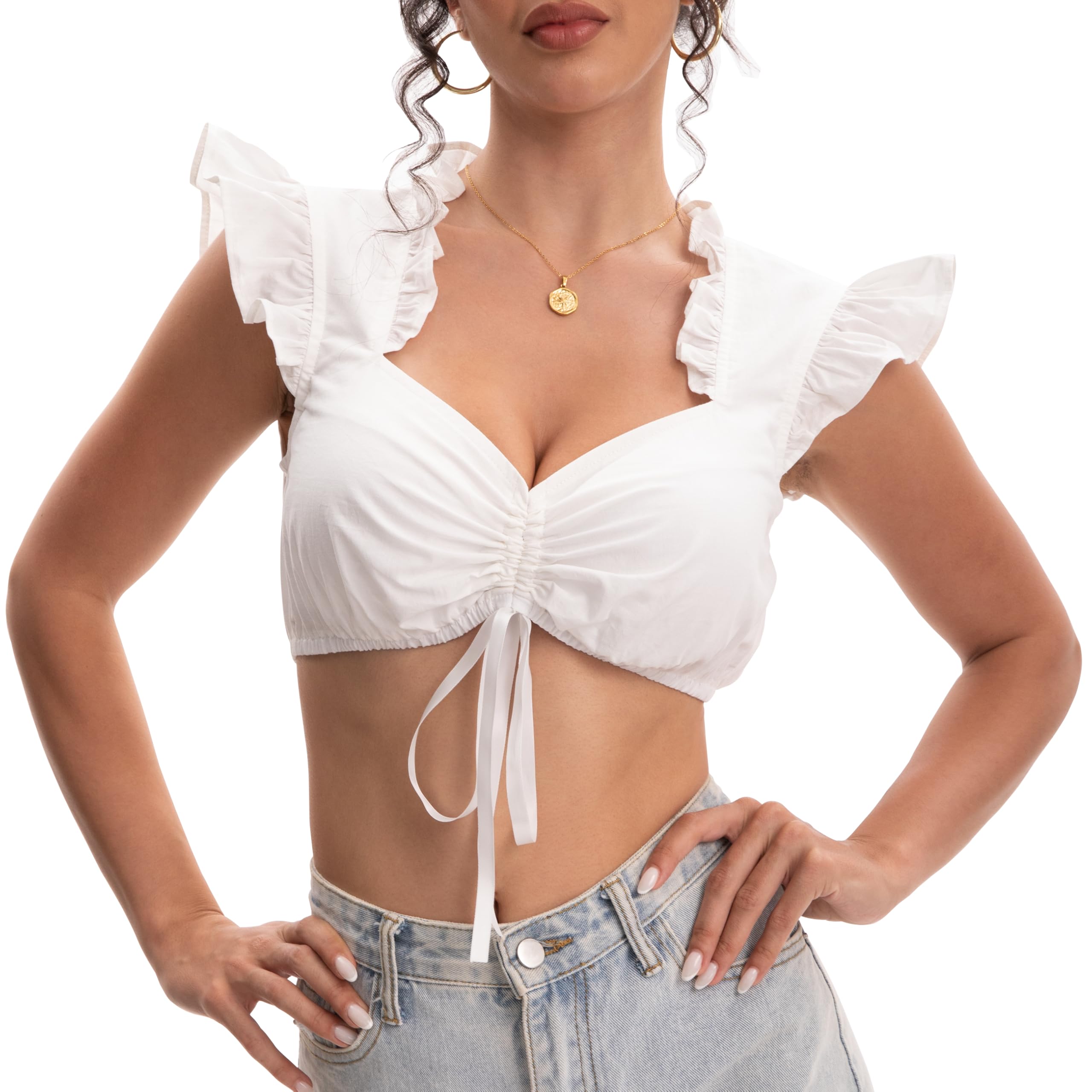 tanzdunsje Dirndl Blouse for Women White Traditional Blouse Damen Trachtenbluse Drawstring Dirndlbluse Flügelärmel für Oktoberfest