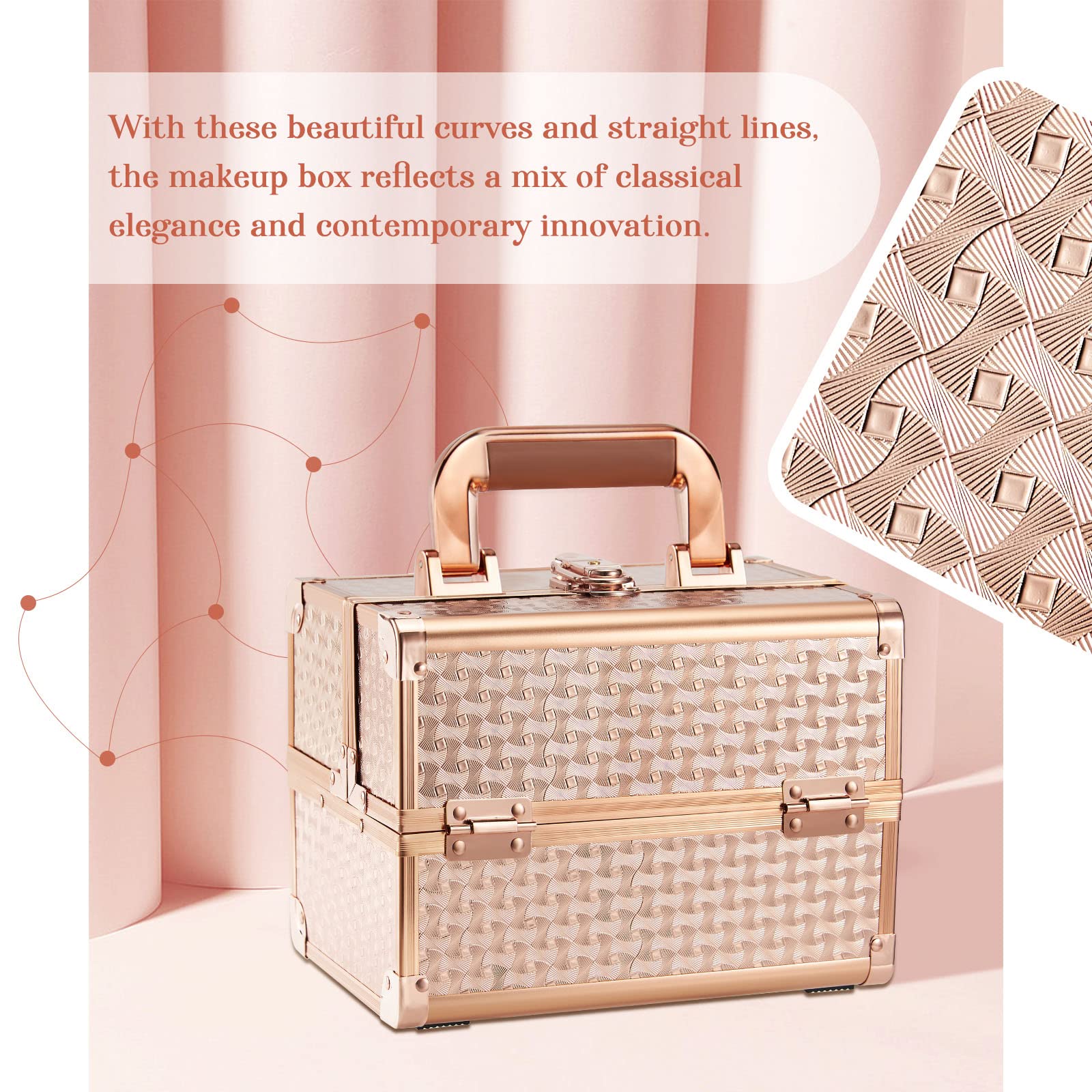Joligrace Vanity Case - Scatola per trucchi e cosmetici, organizer per trucchi e gioielli, con specchio, chiudibile a chiave, Oro rosa, Classico