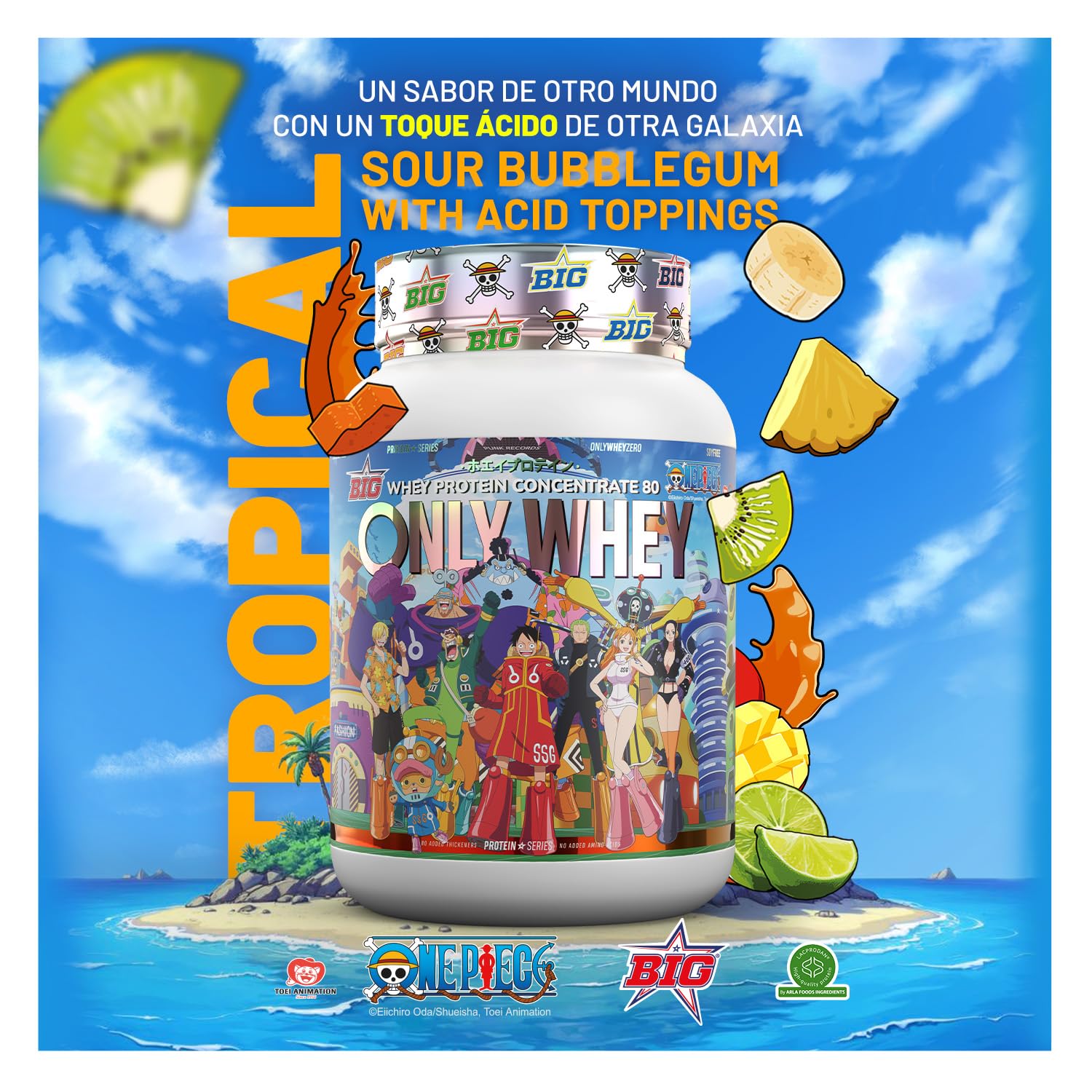 BIG - Protéine Whey One Piece - Drop édition limitée avec hologramme officiel et 12 tasses à collectionner. Whey Protein Matière première Premium pour masse musculaire (1 kg, saveur tropicale Sour