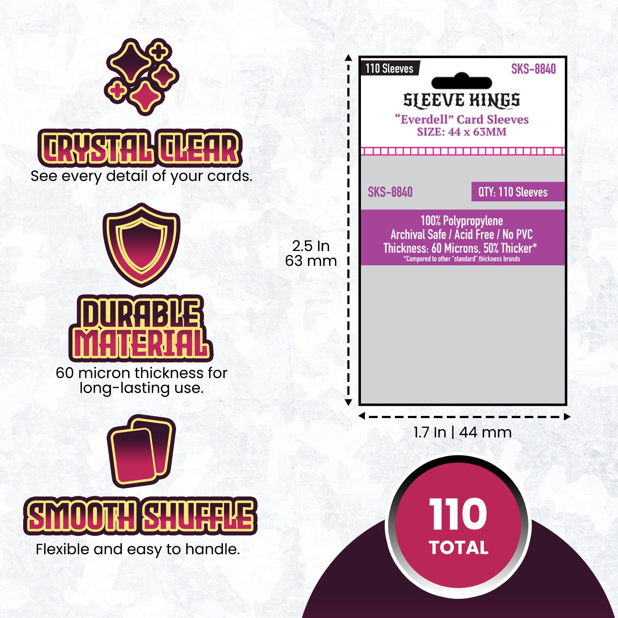 Amazon.com: Sleeve Kings Everdell Mini Compatible Card Sleeves – 110 Pack,  44 x 63 mm, Extra Clear 60 Micron Polypropylene, Acid-Free, PVC-Free –  SKS-8840 : Toys & Games