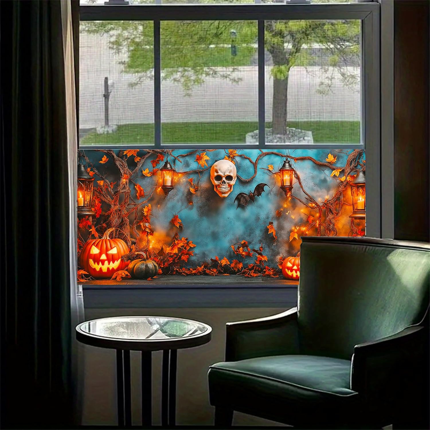 Halloween Skull Pumpkin Stained Glass Window Film Spooky Lantern Decorative Cling Static Removable Decal 39.37×17.71 Inches for Glass Door Home and Office Bedrooms