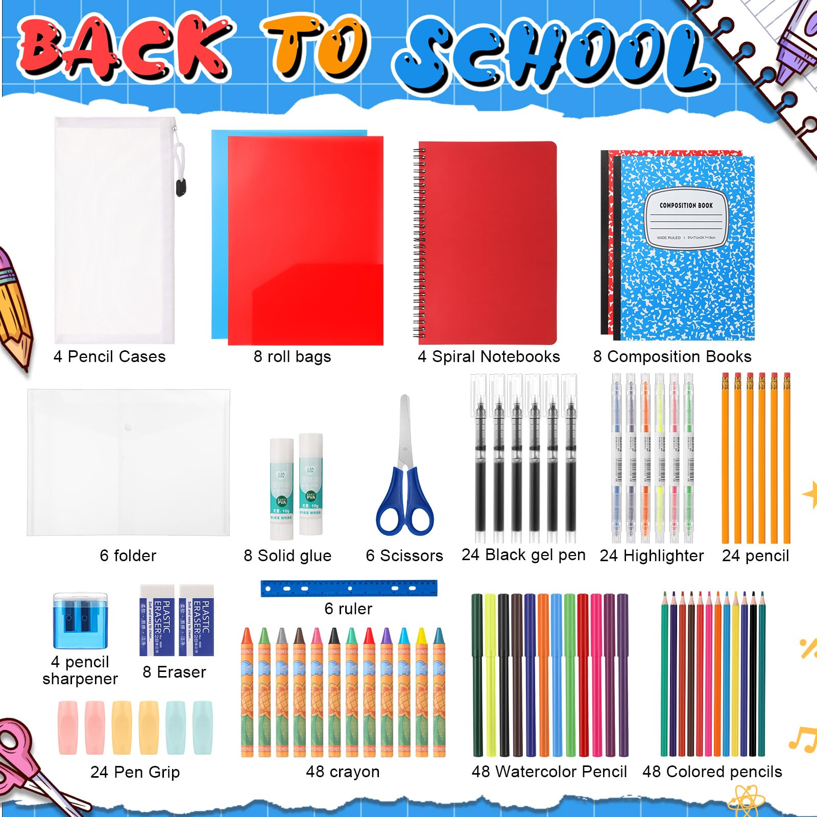 Gilprop Set di 4 kit di forniture scolastiche 2025, 47 pezzi per set di forniture per il rientro a scuola Primary Middle College Bundle Essential Stuff Bulk Pen Notebook Cancelleria per bambini