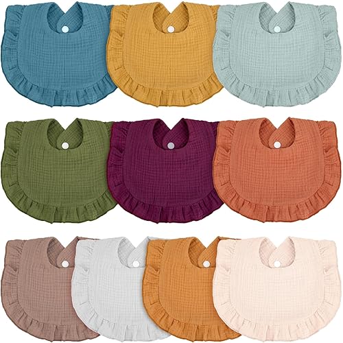 Seematn - Baberos de muselina para bebés de 10 piezas para niñas y niños unisex, baberos tipo bandana con volantes de algodón suave para recién