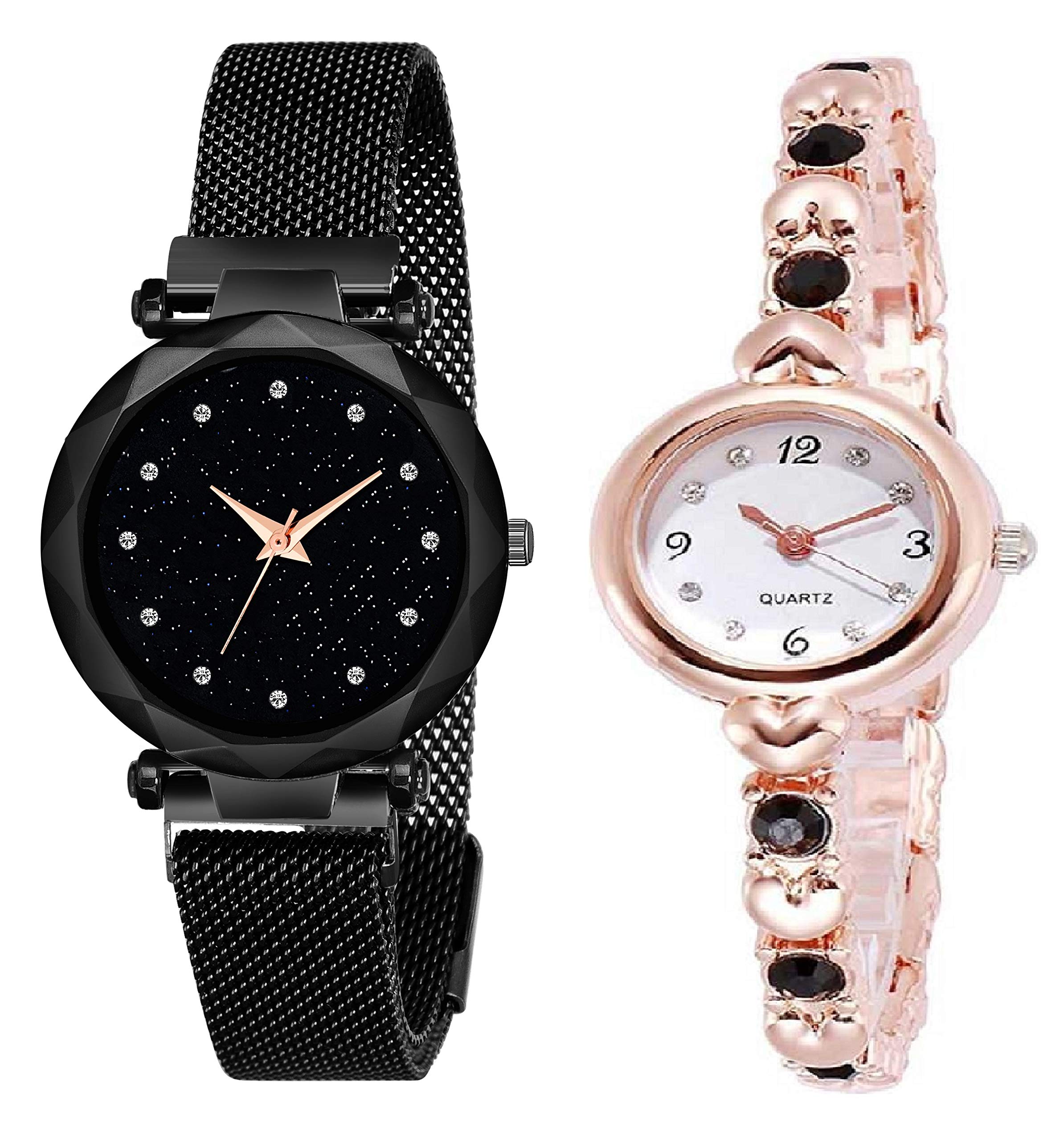 KIARVI GALLERY Black 12 Diamond Magnet Strap and Diamond Studded Rose Gold Bracelet Combo Analog Watch for Girls and Women (Pack of 2) (B08VGXXT7L) Amazon Price History, Amazon Price Tracker