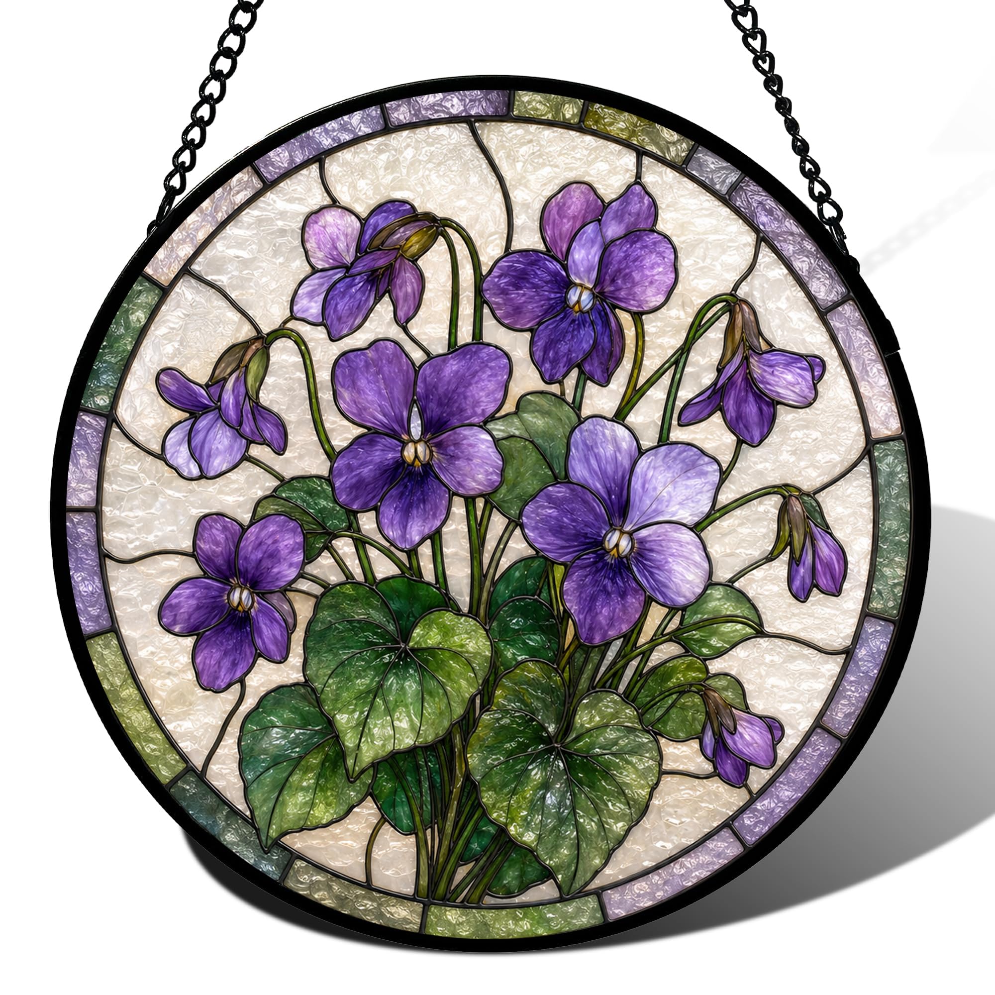 Birth Month Flowers Stained Glass Window Hanging, Sun Catcher for Window, Stained Glass Kit Style Floral Suncatcher, Round Flower Decor for Indoor Window Wall Garden Gift (Violet)