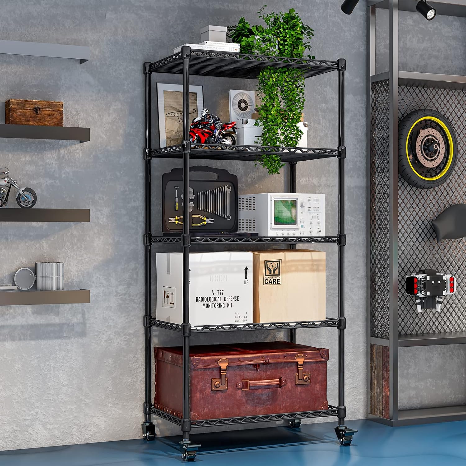 INGIORDAR 5-Shelf Metal Shelving Storage Unit with Lockable Wheels Wire Organizer Rack for Bathroom Kitchen Garage,(Black，29.5 "L x 13.8" W x 62.2 "H)