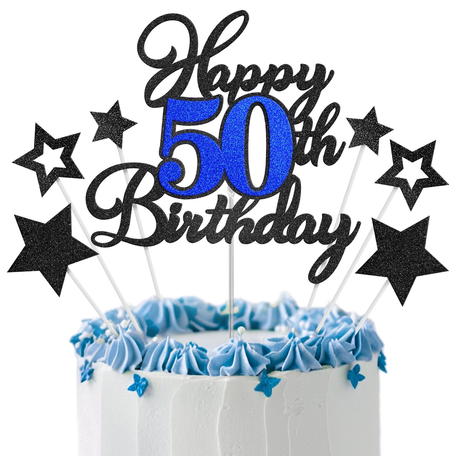 Happy 50th Birthday Cake Toppers, Black Blue Glitter Cake Decorations Set, 50th Birthday Decor, Birthday Anniversary Party Decorations Supplies