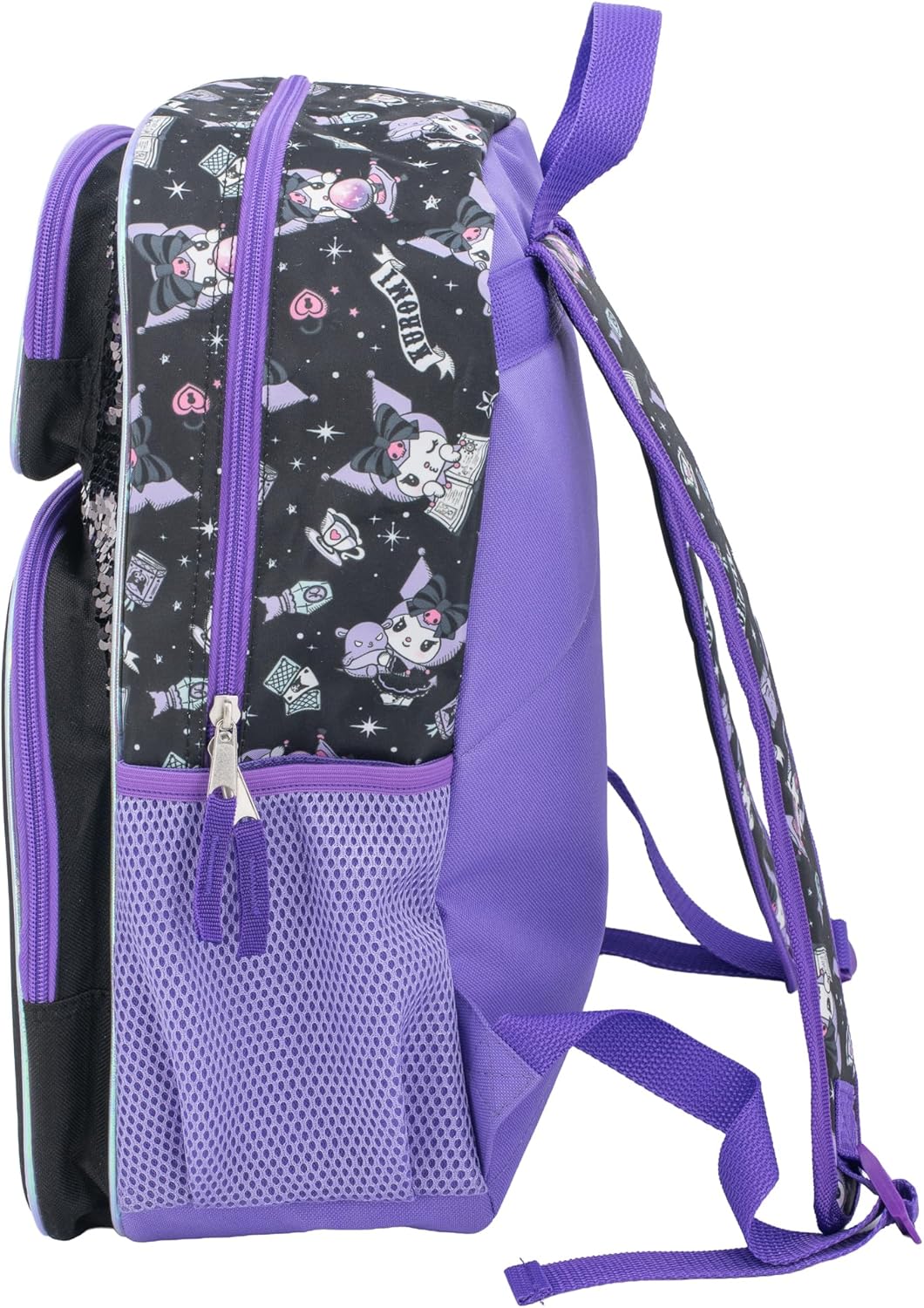 AI ACCESSORY INNOVATIONS Sanrio’s Hello Kitty Backpack for Girls, 16 Inch Kuromi, Kawaii School Bag with Flip Sequins & 3D Molded Front Pocket, Black