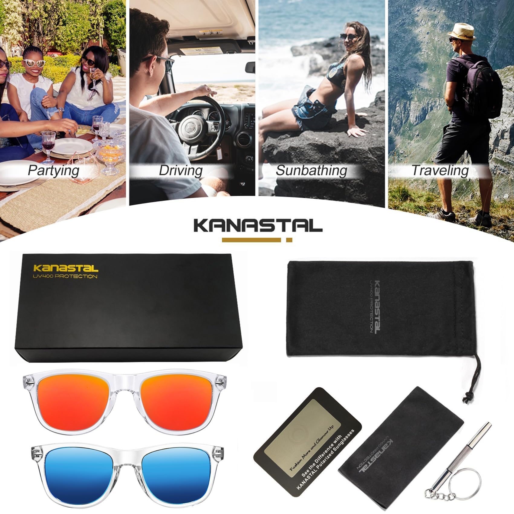 KANASTAL Lunettes de Soleil Polarisées Homme et Femme Retro, 2 Paires Mode Vintage Lunettes de Soleil Carrées Classiques UV400 pour Pêche Conduire Voyager