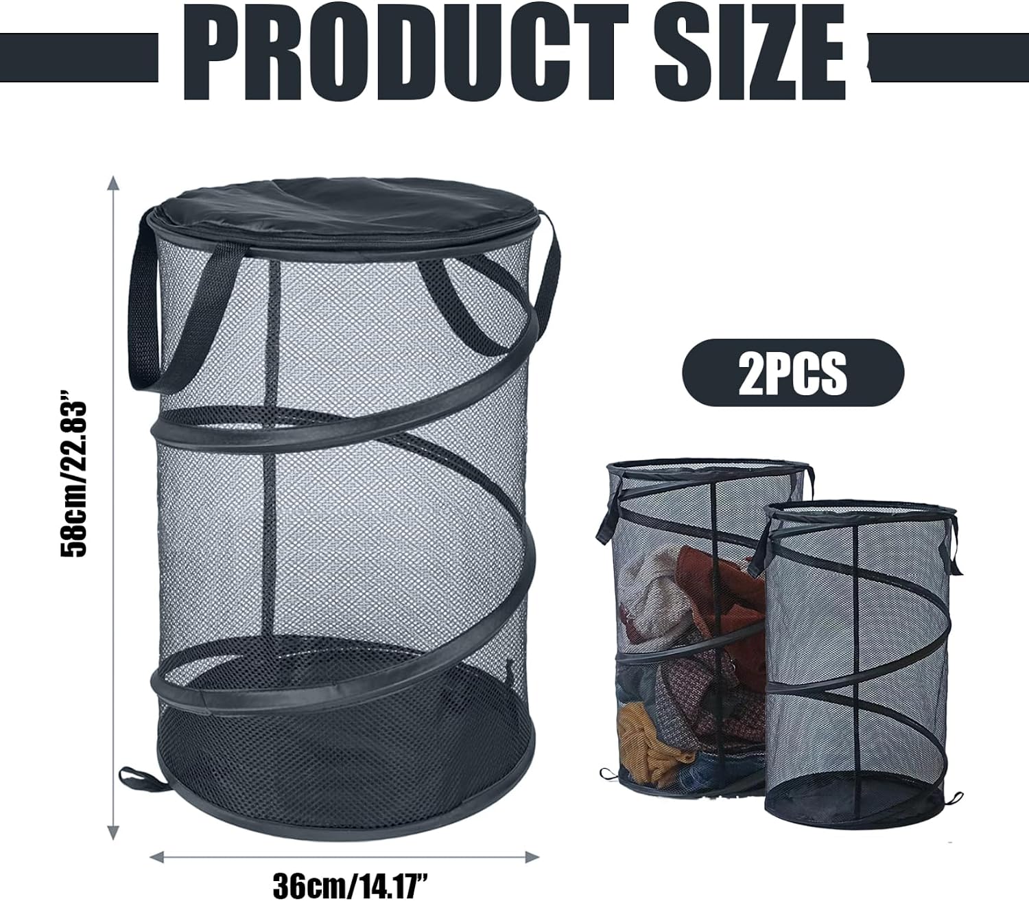 Laundry Basket 2Pcs 14x23in Foldable Collapsible Pop-Up Laundry Baskets with Handle and Tie Fine Mesh Breathable Hamper for Home Dorm