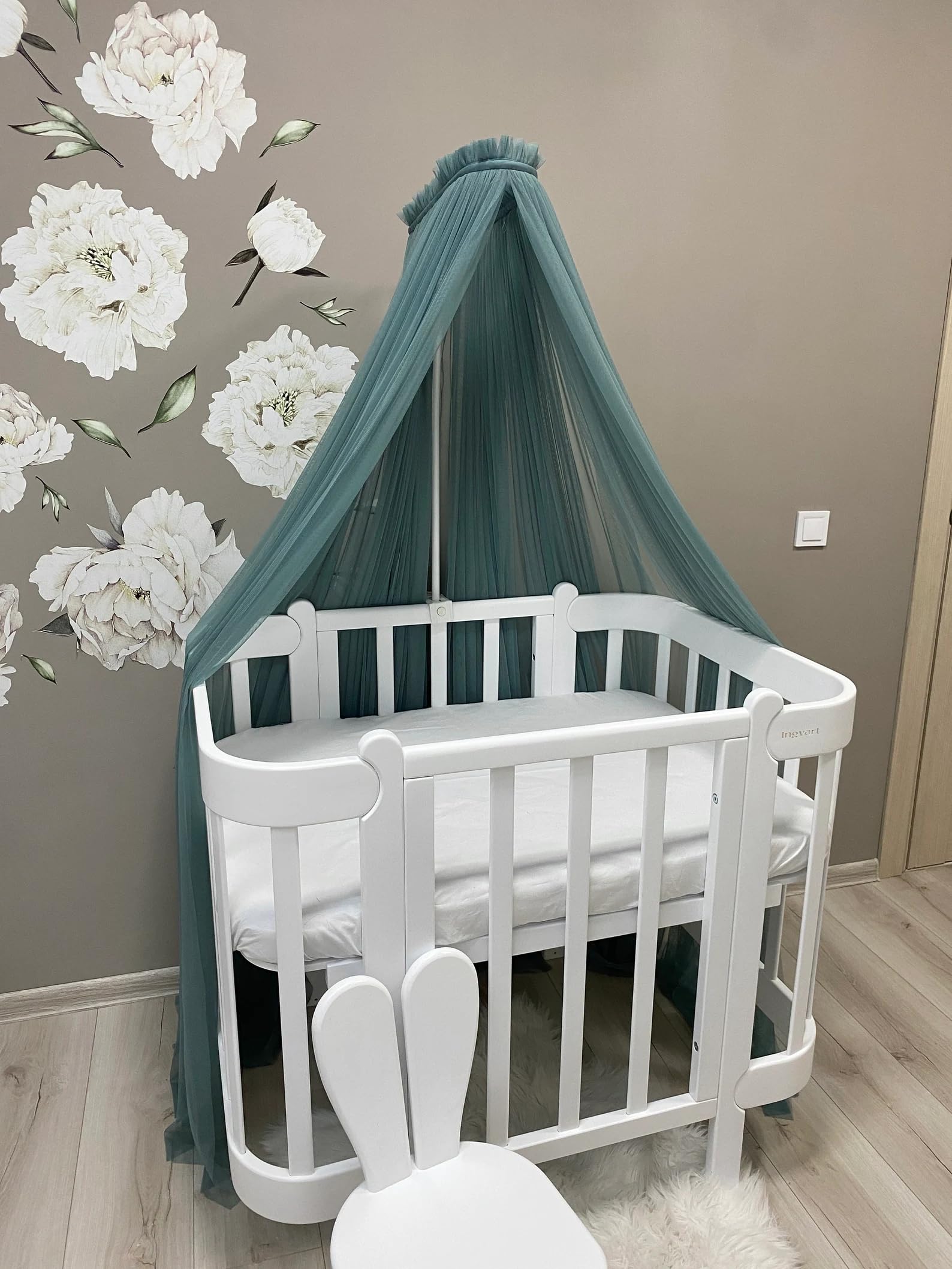Tenda Baldacchino per lettino o culla cameretta dei bambini, Telo decoro tenda cameretta dei neonati, Tule zanzariera per letto in tule (Pine Green)