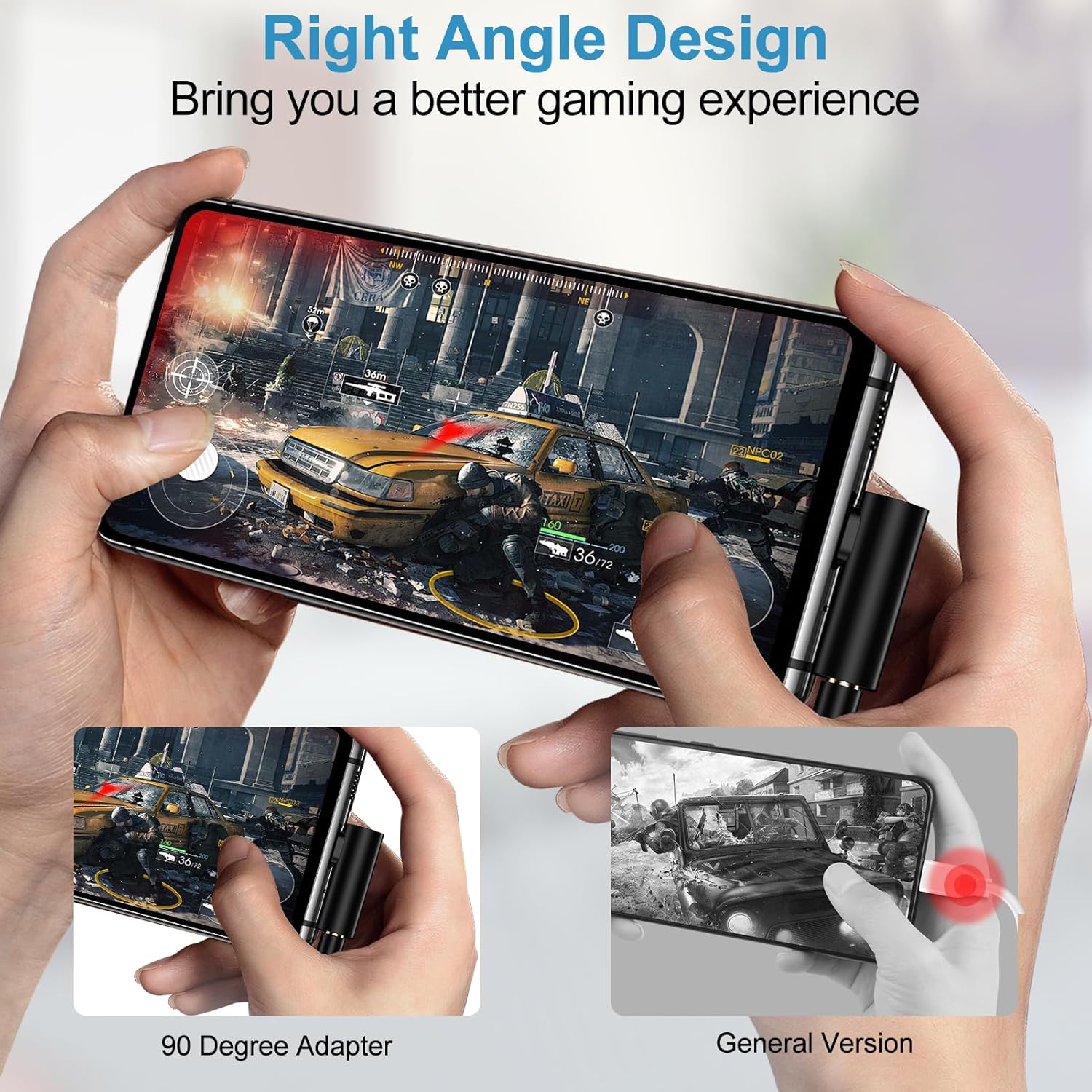 Comparison of a 90-degree adapter versus a general version during mobile gaming, showing improved ergonomics.