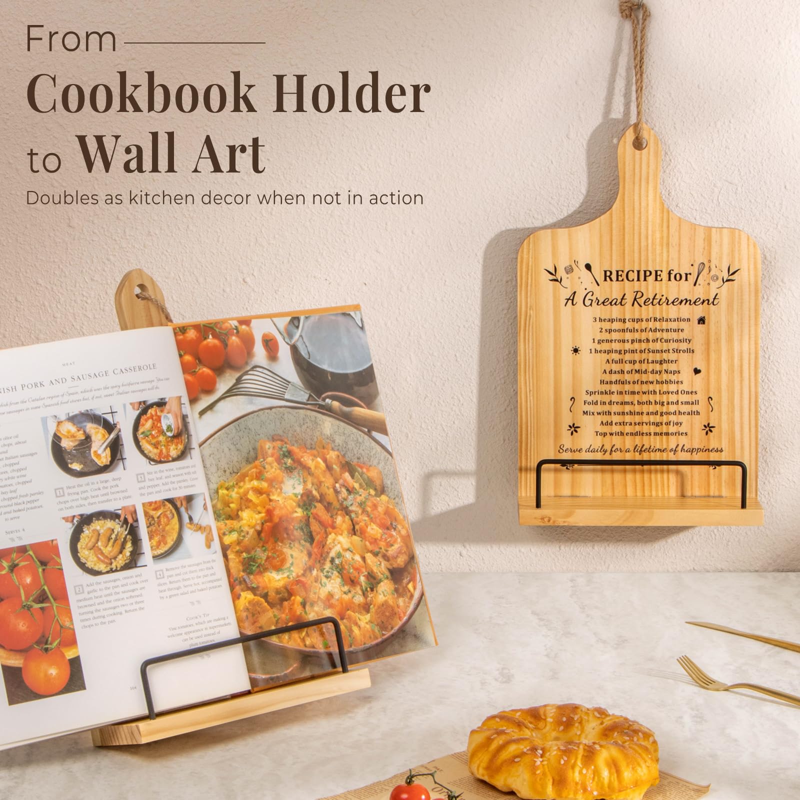 PUERSI Cookbook Stand, Retirement Gift for Woman Wooden Recipe Book Holder, Happy Retirement Gifts Ideas - Image 3