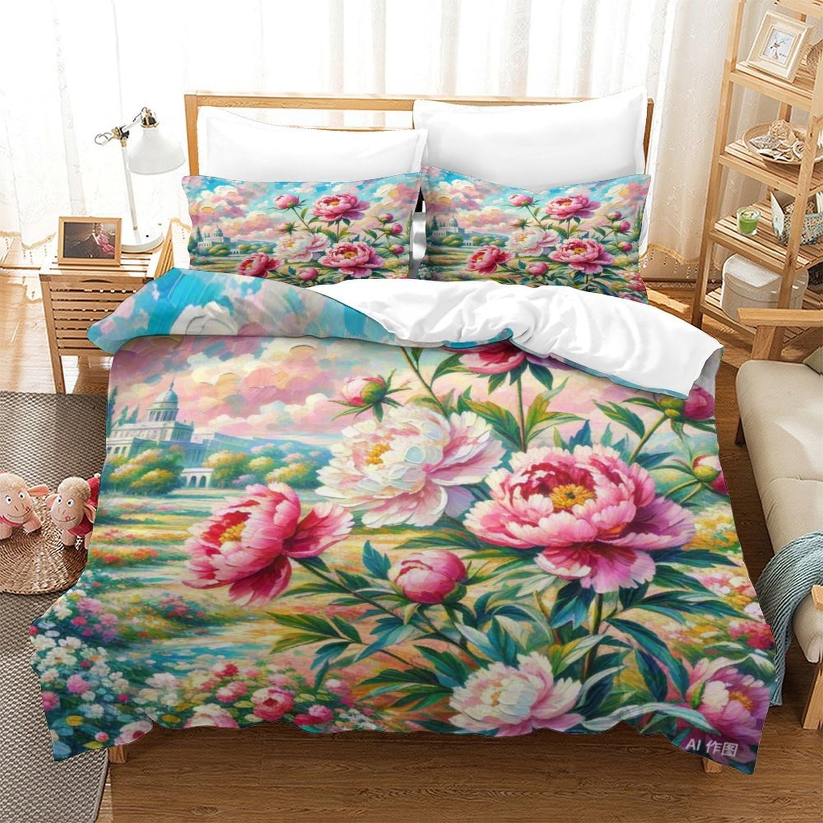 Housse de couette pivoine 3D super king 260x220cm en microfibre avec sa taie