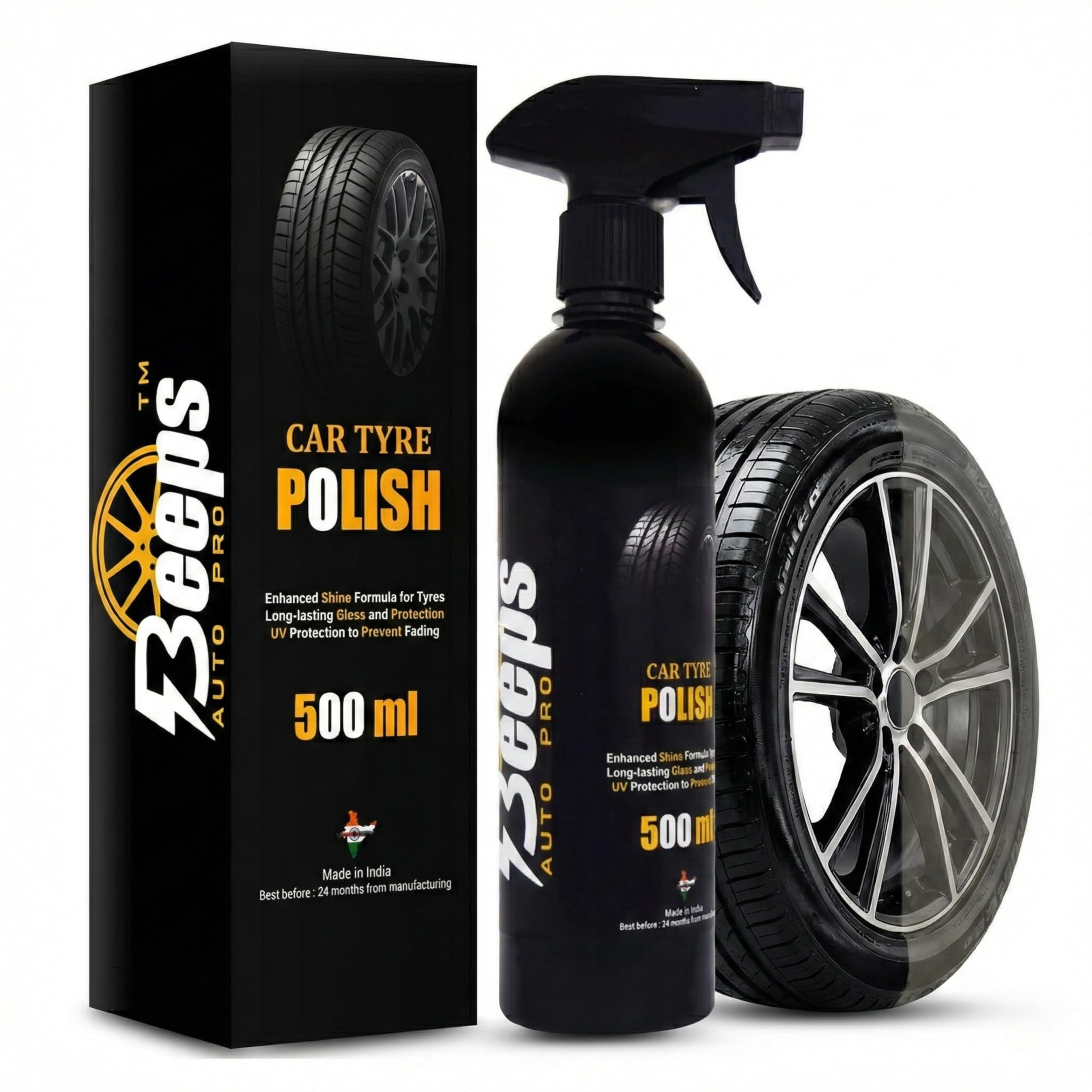 BEEPSAUTOPRO Tyre Polish, 500ml, Long-Lasting Tyre Gloss for Car Bike Scooter, High Gloss Prevents Fading & Cracks, Gives Lustrous Dark, Non-Greasy Super Black Shine, Easy to Apply Liquid Polish-image-7
