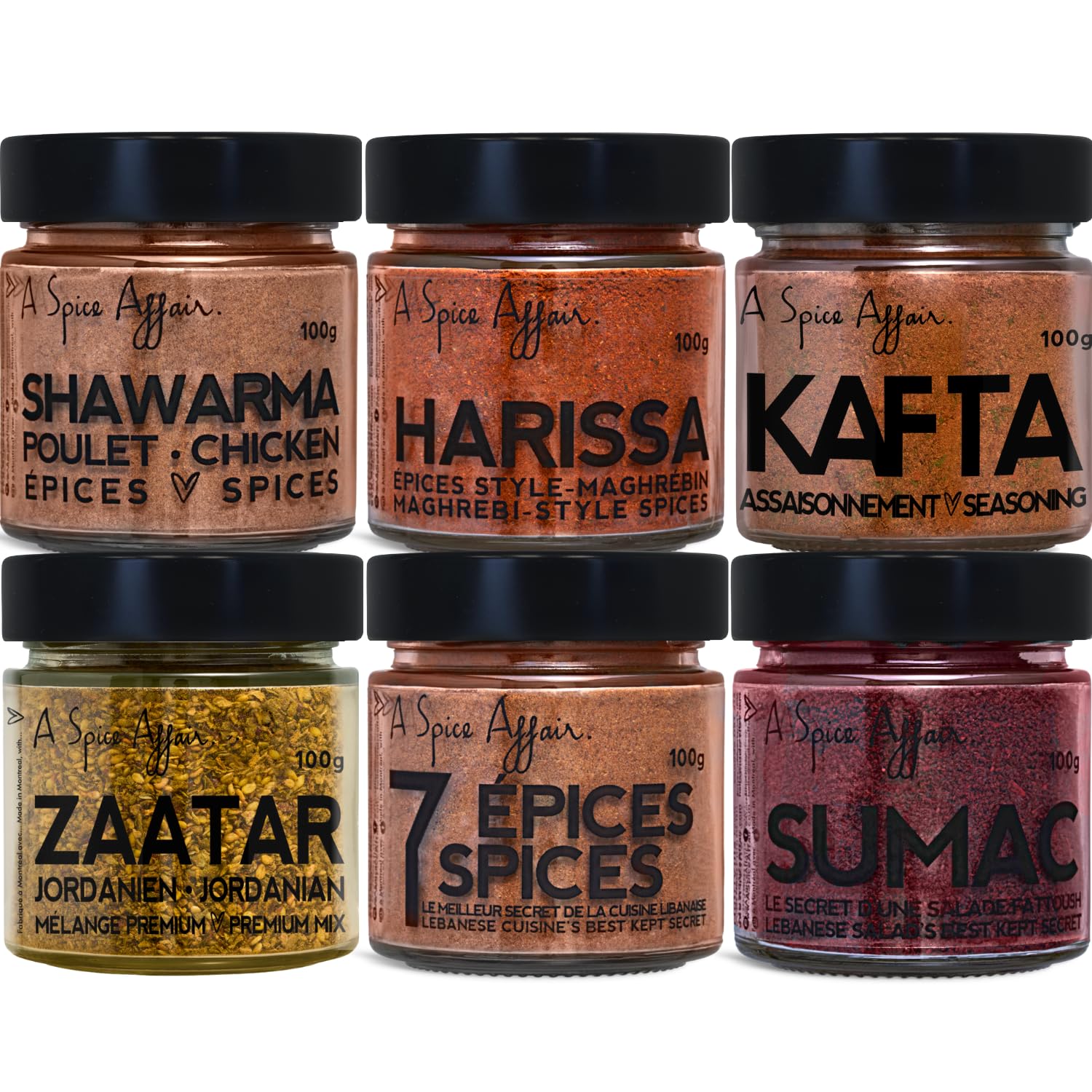 A Spice Affair’s Arabian Nights 6 Variety Pack | Middle Eastern Spice Gift Set Featuring Shawarma, Harissa, Zaatar, Kafta, Sumac & Seven Spice Blends | All-Natural, Non-GMO, Filler-Free | Perfect for Meats, Veggies, Marinades, Dips & Everyday Cooking | Premium Spice Set
