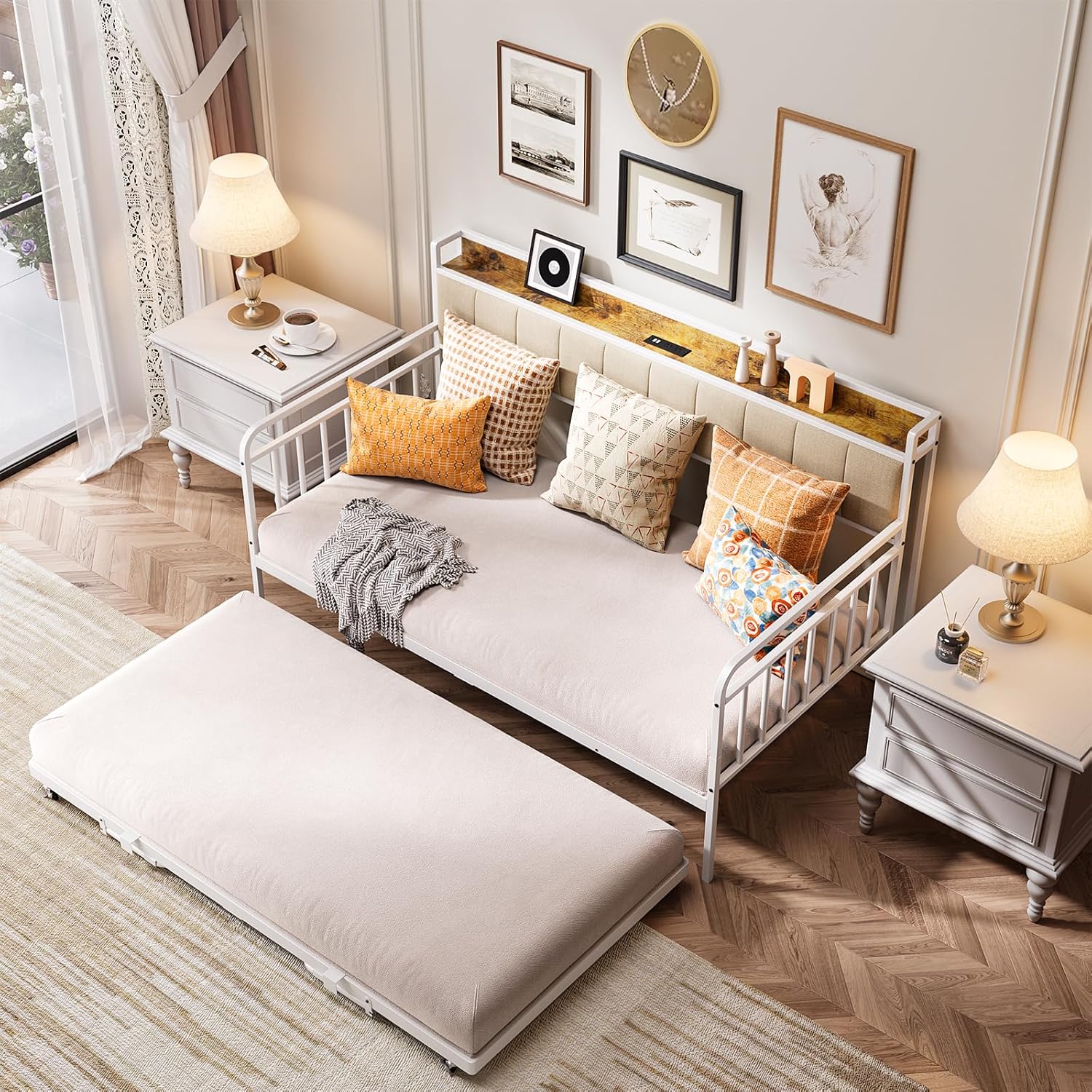 Gizoon Daybed with Trundle, Twin Bed Frame with Upholstered Headboard and Charging Station, Sturdy Metal Sofa Bed with Steel Slat Support for Living Room, Bedroom and Guest Room, Beige