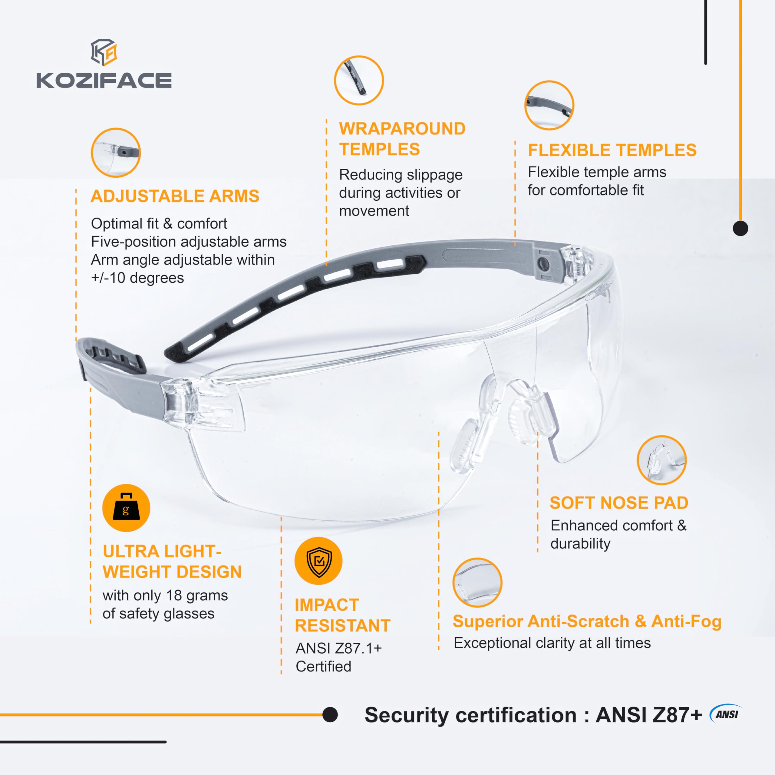 KOZIFACE A18 Occhiali di sicurezza per uomini e donne leggeri grigio nero montatura flessibile regolabile elegante occhiali protettivi anti appannamento per lavoro, tiro, lenti trasparenti