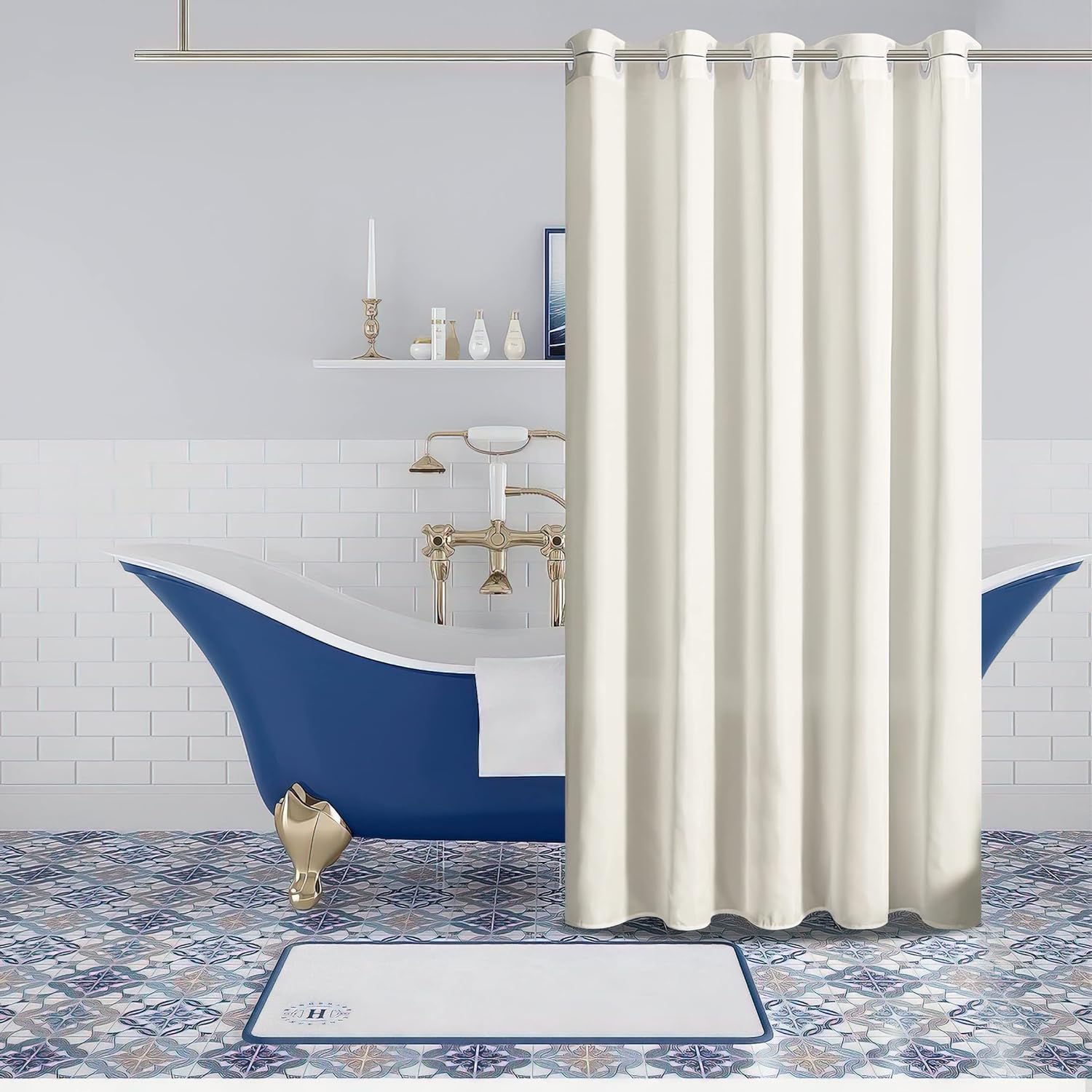 Furlinic Extra Long Shower Curtain 96 Inch Length,No Hook Polyester Fabric Bathroom Curtains,10 Plastic Split Grommets,Waterproof & Machine Washable,Beige,78x96 Inches