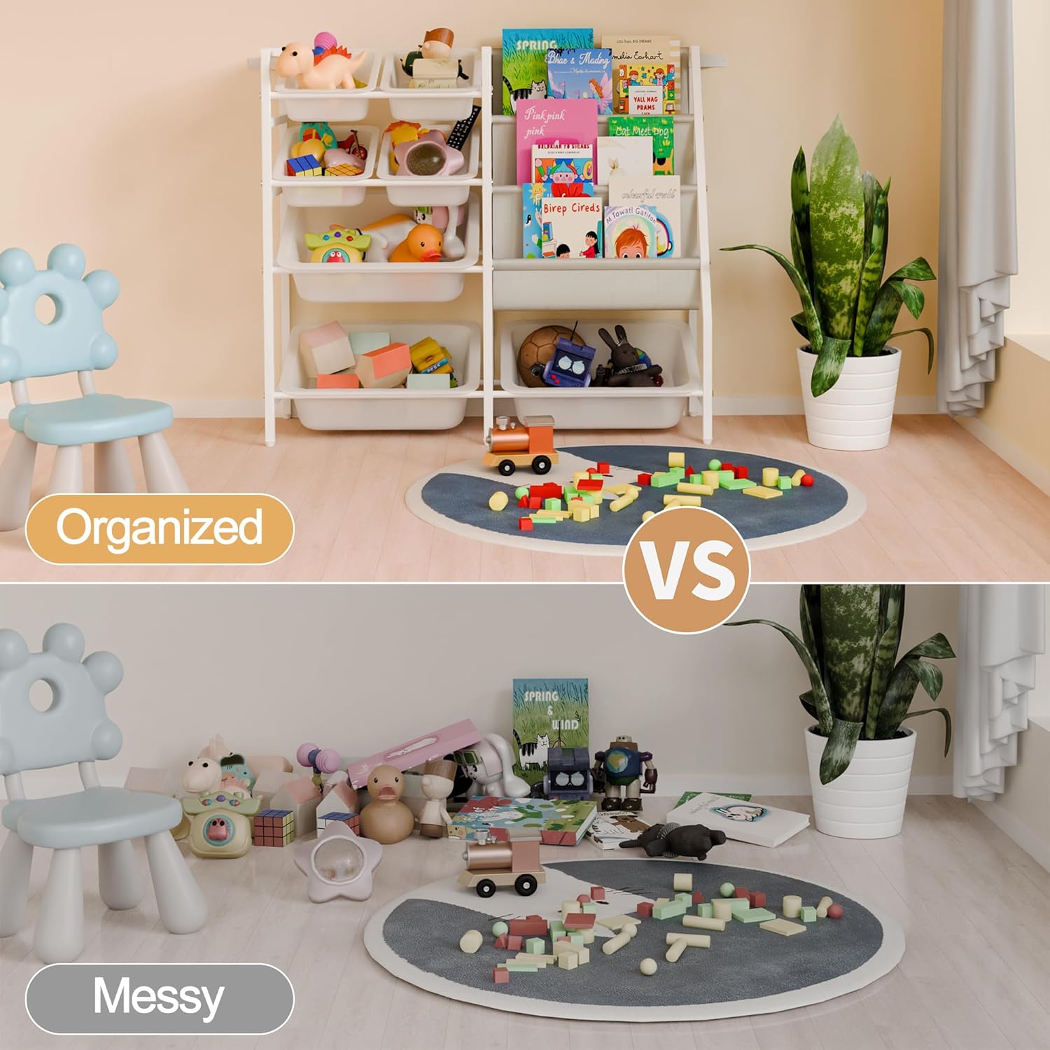 Kids Bookshelf and Toy Organizer, 4-Tier Toy Storage with 7 Removable Plastic Bins, Montessori Bookshelf Storage for Kids & Toddlers, Nursery Book Shelves for Playroom, Bedroom, Kids Room,White