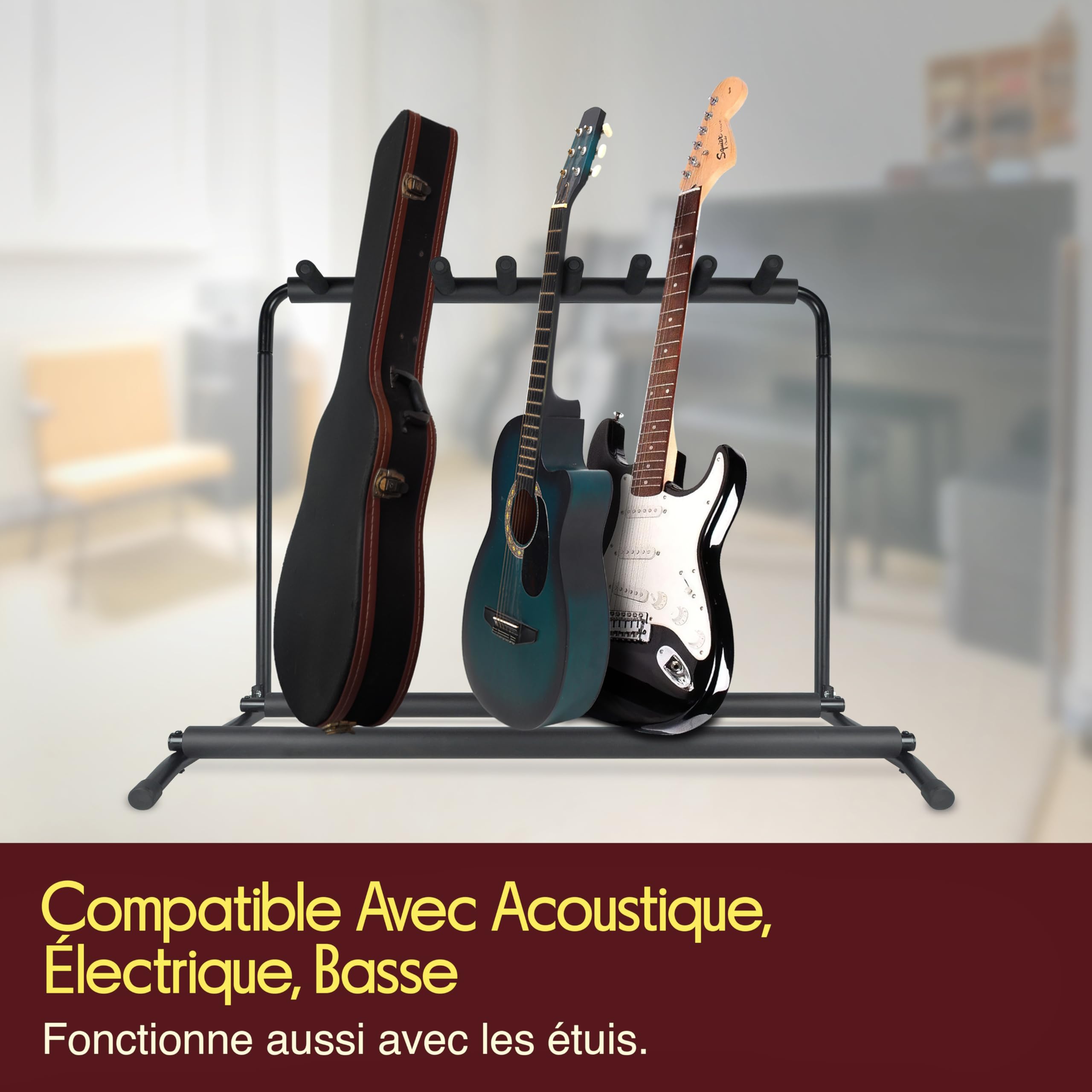 Pyle Support Guitare, Porte 7 Guitares, Universel et Portable, Pliable avec Rembourrage en Mousse, Noir