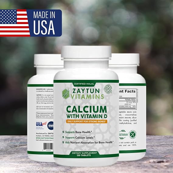 Zaytun Halal Calcium + Vitamin D3 for Bone Health, Boosts Calcium Absorption, 1 Per Day, Made in USA, Vegetarian, Halal Certified, 4 Month Supply