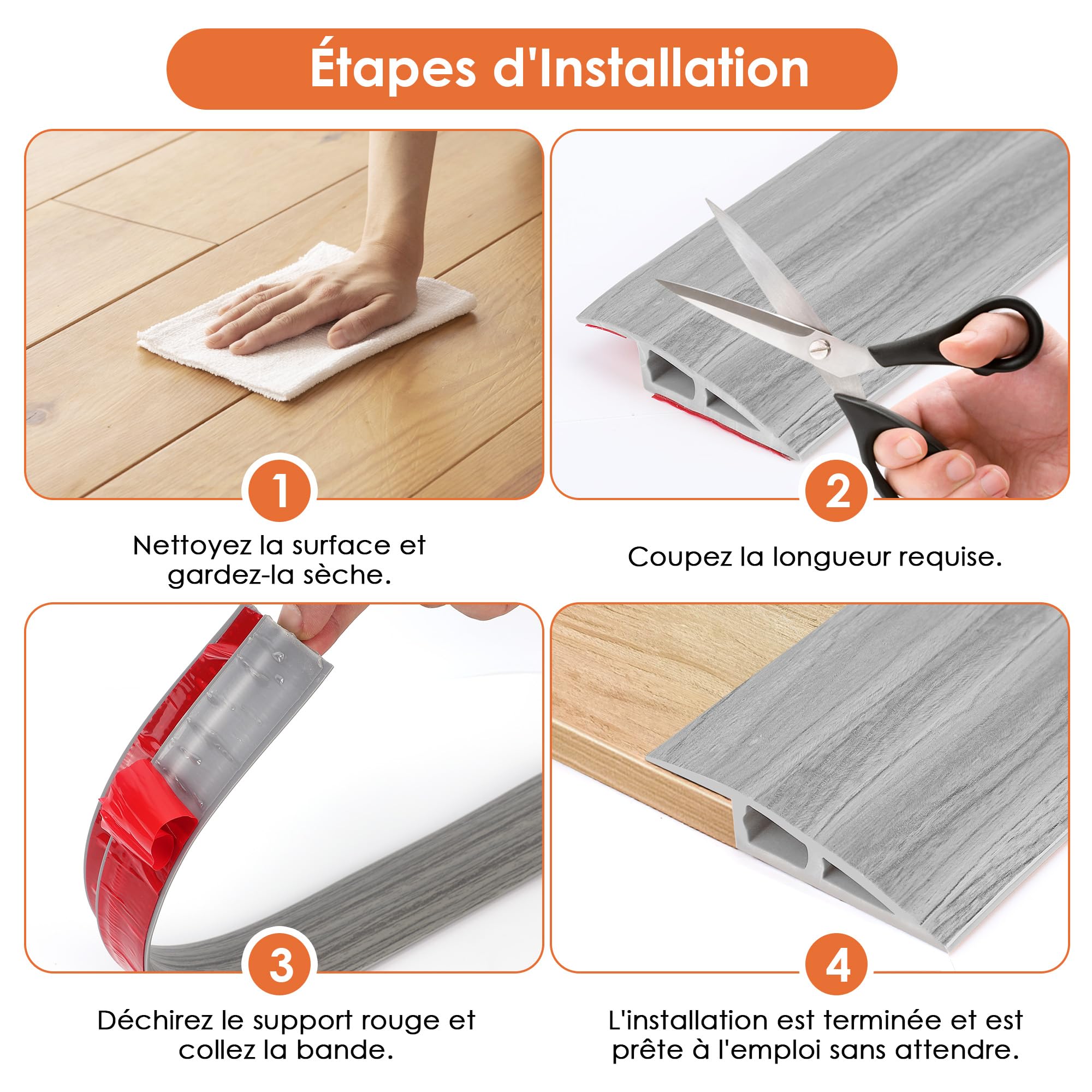 2M Barre de Seuil Adhesive de Porte en PVC, Bandes de Transition Sol Rampe de Seuil Pente de Seuil, 10mm, pour des Hauteurs de 7-10mm(Grain de Bois Gris)