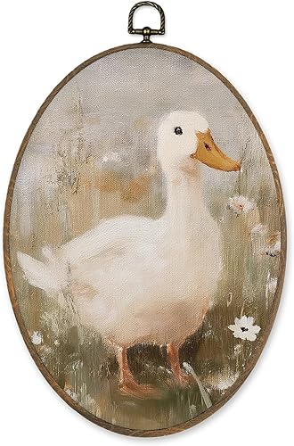 LKETW Decoración de pared ovalada de pato de granja vintage, decoración ovalada para colgar en lienzo con flores silvestres de pato Cottagecore,