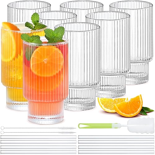AEIMIJPQ Drinking Glasses, 16 OZ Vintage Glassware Set Of 8, Old Fashioned Classic Iced Coffee Cup Wine Beer Cocktail Whiskey Water Glasses for Smoothie, Beverage