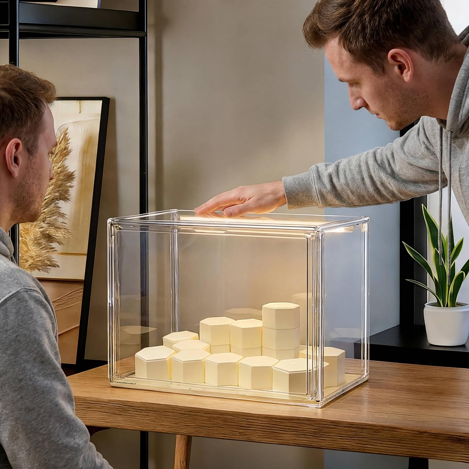 Acrylic Display Case with LED Lights for Lego & Popmart, Stackable Clear Storage Box with Magnetic Door, Dustproof Showcase Organizer for Action Figures, Collectibles (Large)