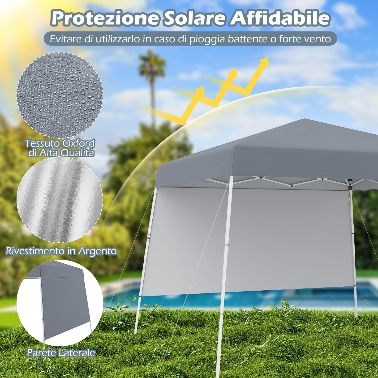 COSTWAY Gazebo Pop-up da Esterno 3 x 3 m, Gezebo Pieghevole con 1 Parete Laterale, Zaino Portatile e 4 Picchetti, Tendone Impermeabile e Resistente per Campeggio e Feste (Grigio)
