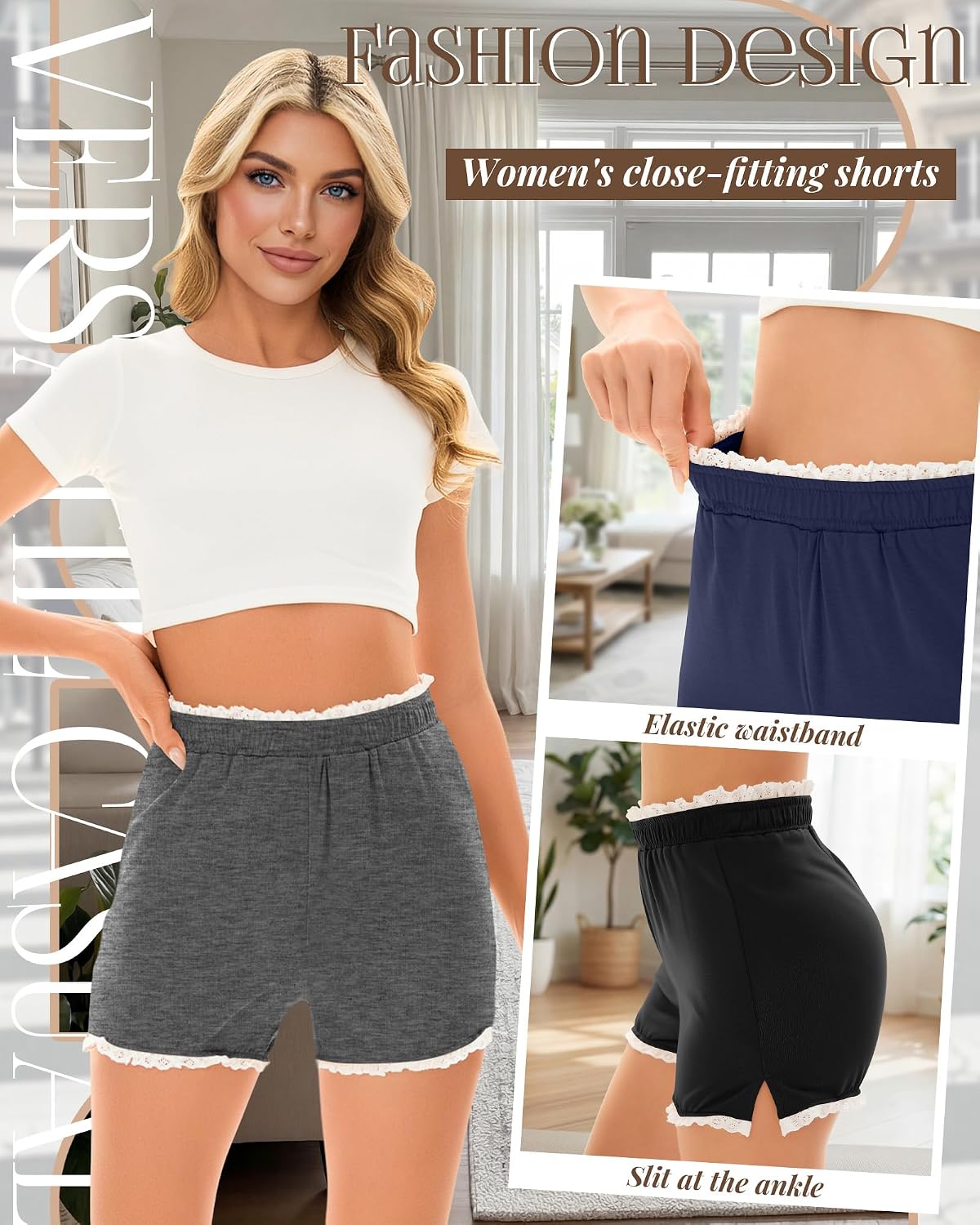 3 Pack Women's Pajama Shorts Lace Trim Lounge Shorts Elastic Waist Side Slit Comfy Summer Casual Trendy Bottoms