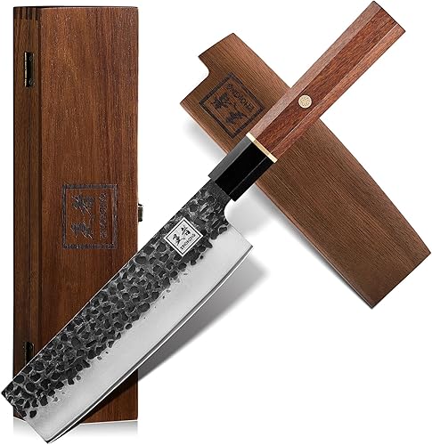 ENOKING Cuchillo japonés Nakiri, cuchillo para verduras de 7 pulgadas, 5 capas, 9CR18MOV, cuchillo de cocina de acero revestido para cocina,