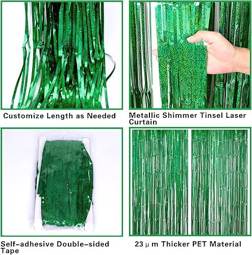 Miniatura 5 de Paquete de 2 cortinas de flecos de papel de aluminio verde de 3.2 x 8.2 pies, cortina de lluvia con flecos metálicos de oropel para decoración del