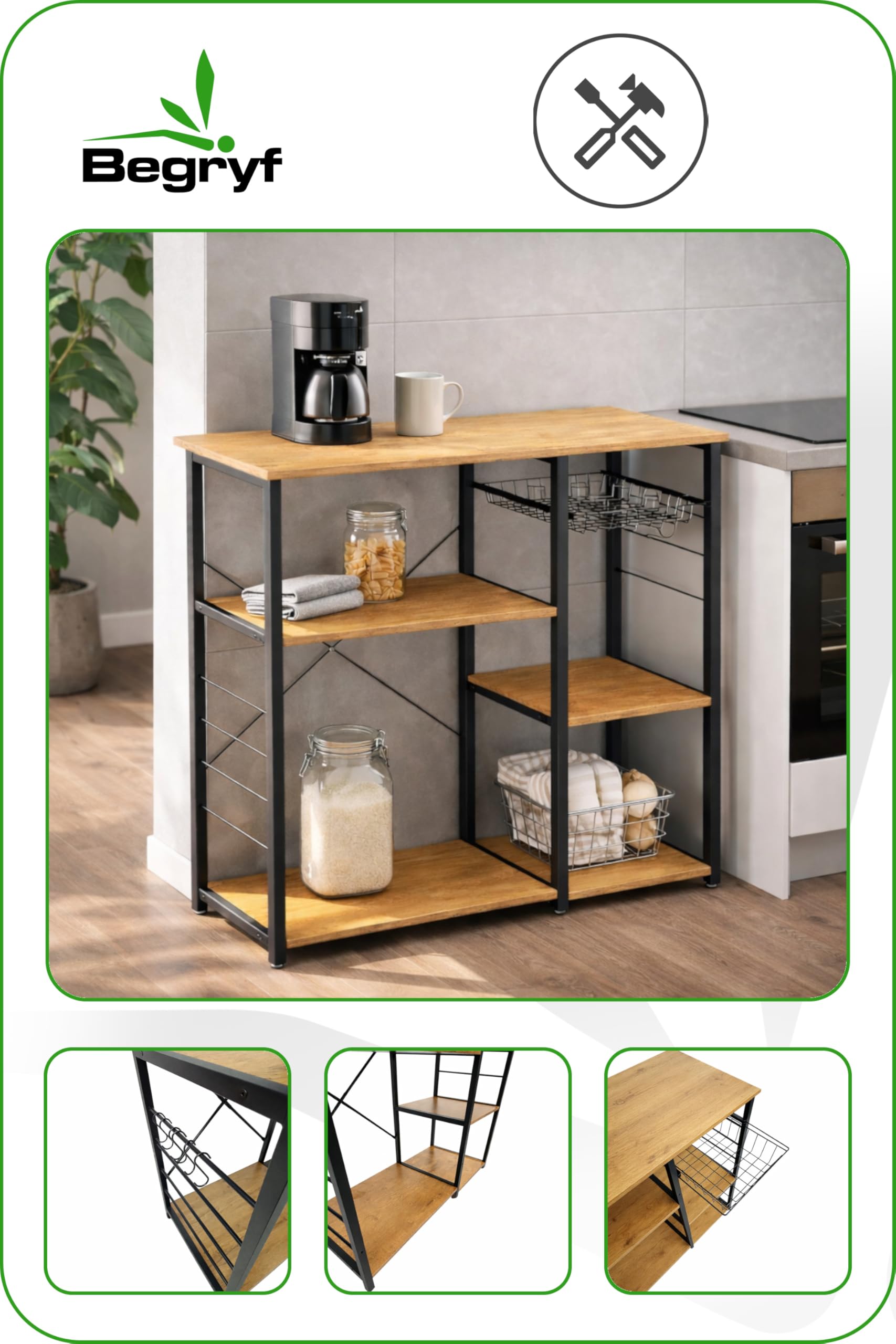 Küchenregal freistehend, Mikrowellenregal mit 4 Ablagen, Drahtkorb und Hakenleiste, Küchenorganizer im Industrial Design aus Metall und Eichenoptik, 90 x 40 x 84 cm
