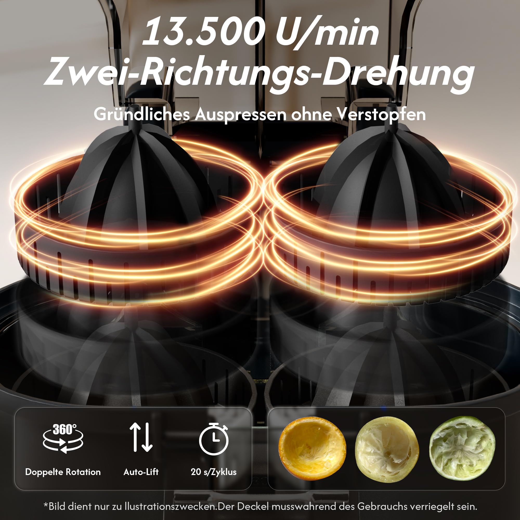 B Juicy O2 Elektrische Zitruspresse & Orangenpresse – Doppelkegel-Entsafter mit Schneider, vollautomatisch, 100W，13500 U/min, BPA-frei, 380ml, leicht zu reinigen, für Orangen, Zitronen & mehr
