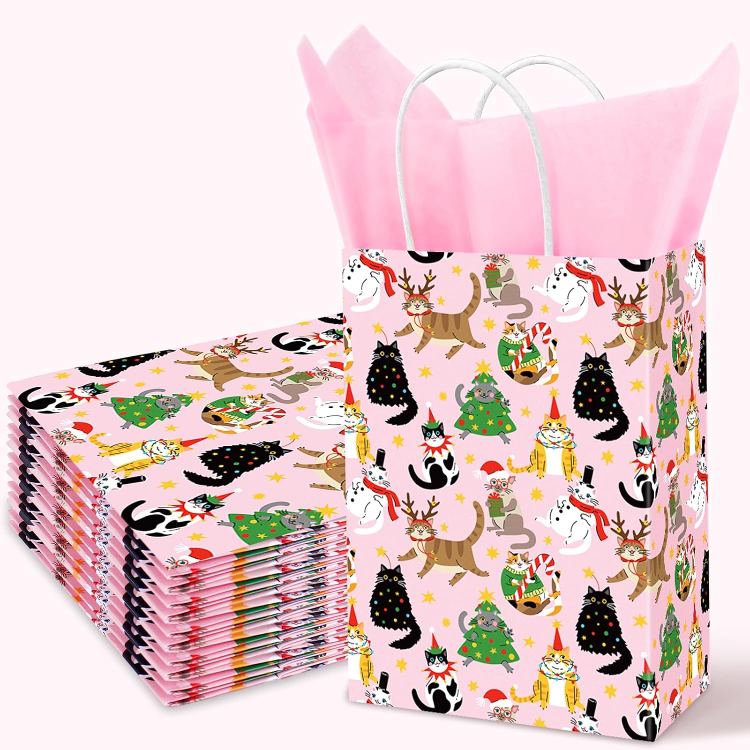 JarThenaAMCS 16Pcs Pink Christmas Paper Bags with Tissue Paper Cute Cats Gift Bag with Handle Candy Goodie Treat Bags for Winter Birthday Baby Shower Party Favor Supplies