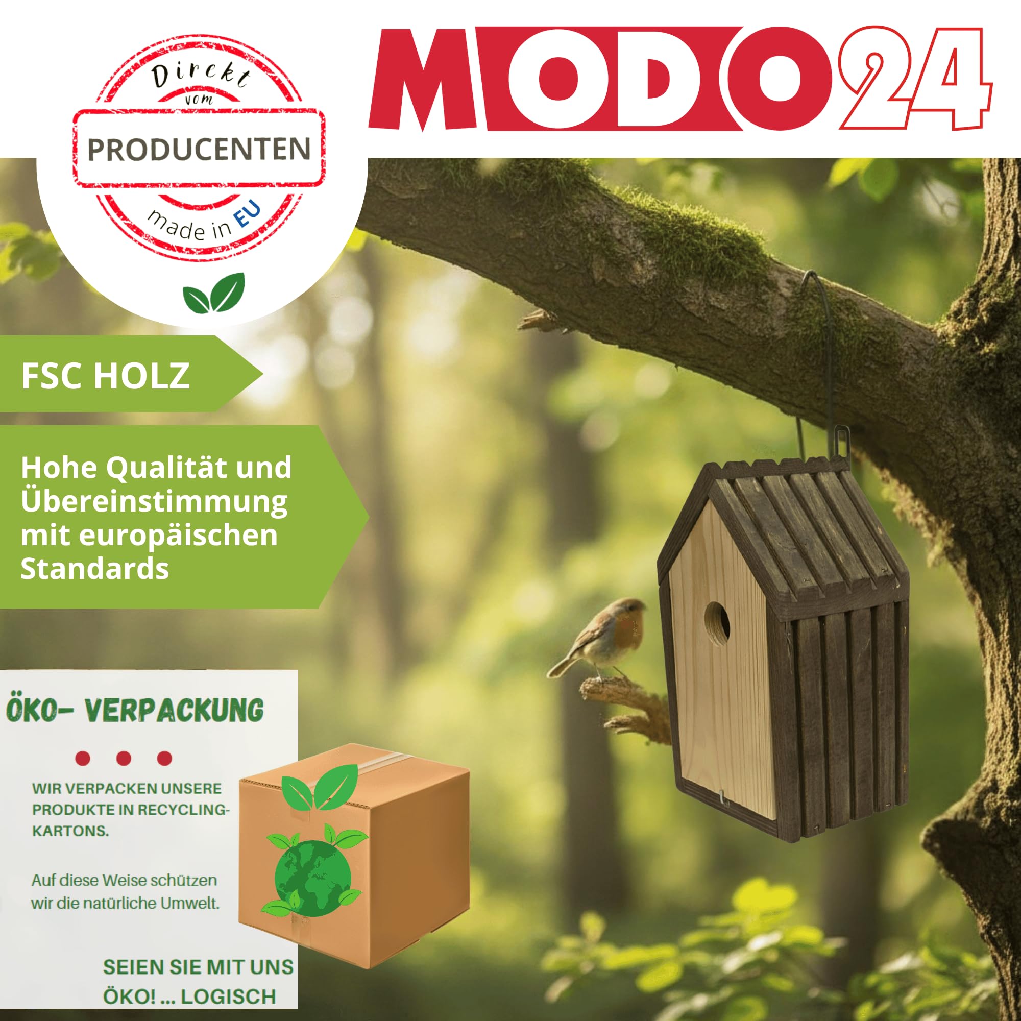 Meisen Nistkasten aus FSC® Holz mit 2,8 cm Einflugloch und mit Heu, Vogelhaus Blaumeisen & Kleinvögel, Brutkasten mit Reinigungsklappe, Futterhaken für Garten, Balkon, 26×15×12 cm, Schwarz