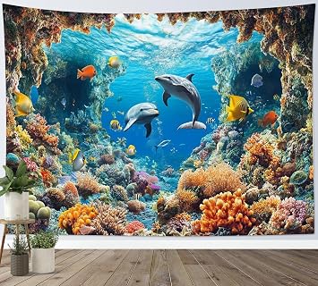HVEST Blue Ocean Dolphin Tapestry Wall Hanging Tropical Fish Coral Reef in Underwater World Wall Art Nature Landscape Tapestry for Kids Bedroom Living Room Classroom Dorm Decor, 60W X 40H inches