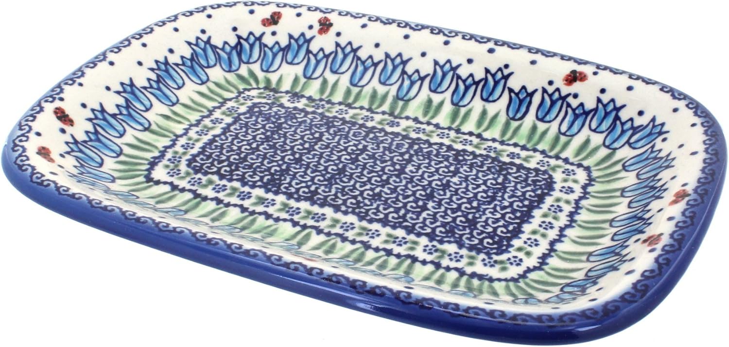 Blue Rose Polish Pottery - Yellow Sunflower Maze Small Rectangular Serving Platter - 9.75" x 7" - Unique Platter for Dinner Parties, Very Durable & Dishwasher Safe