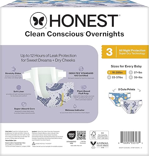Miniatura 11 de The Honest Company Comfort Dry Disposable Overnight Diapers for Sensitive Skin, Hypoallergenic, Baby Cozy Cloud and Star Signs Design Club Box